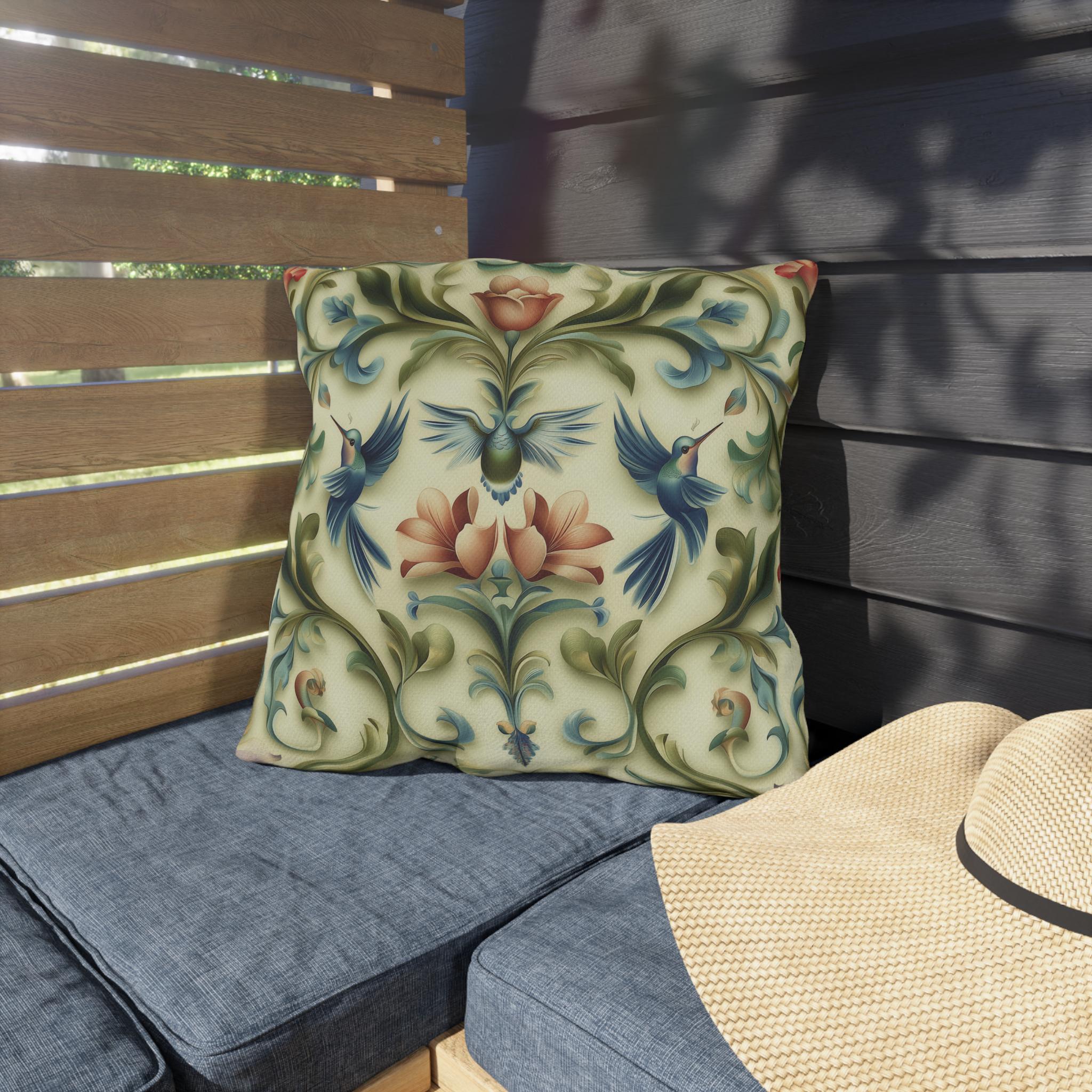 Vintage-Inspired Hummingbird Pillow: Elegant Floral Cushion for Outdoor Garden, Patio, or Porch Decor