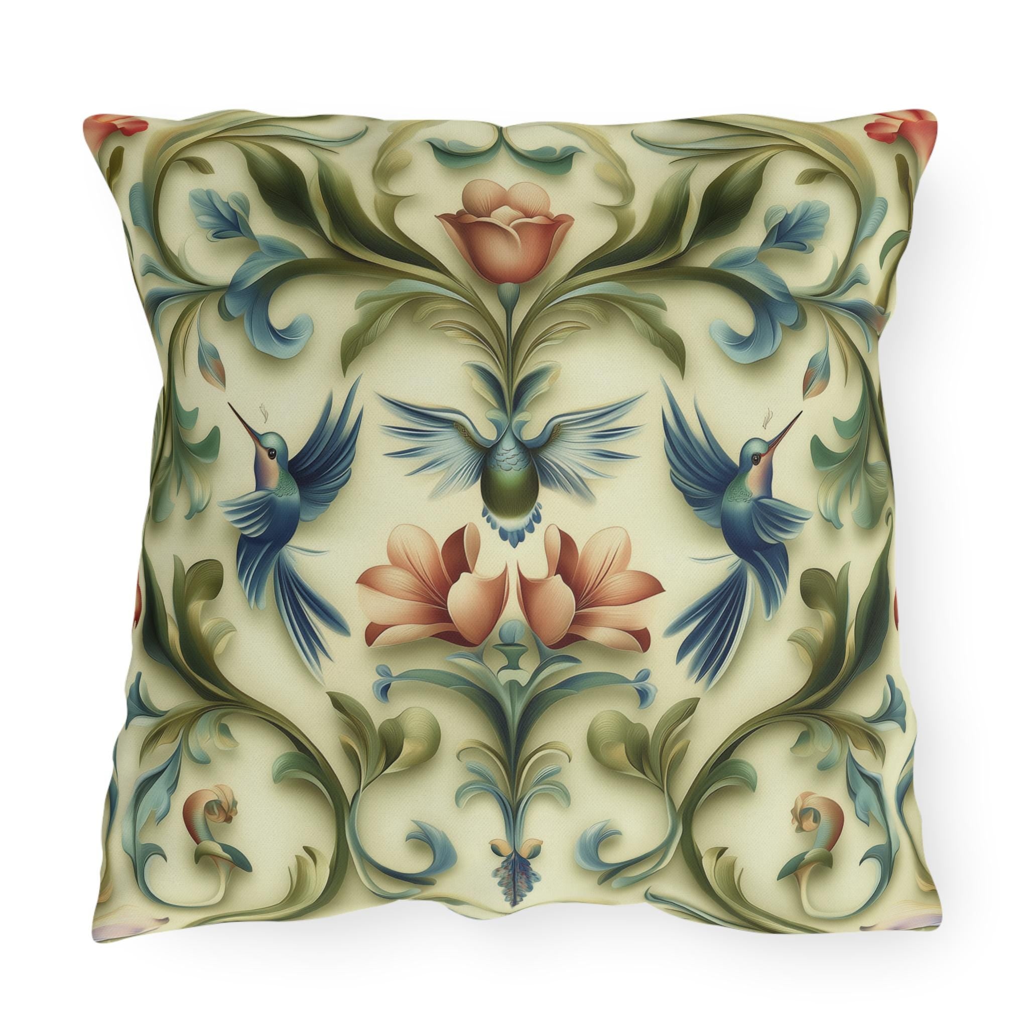 Vintage-Inspired Hummingbird Pillow: Elegant Floral Cushion for Outdoor Garden, Patio, or Porch Decor