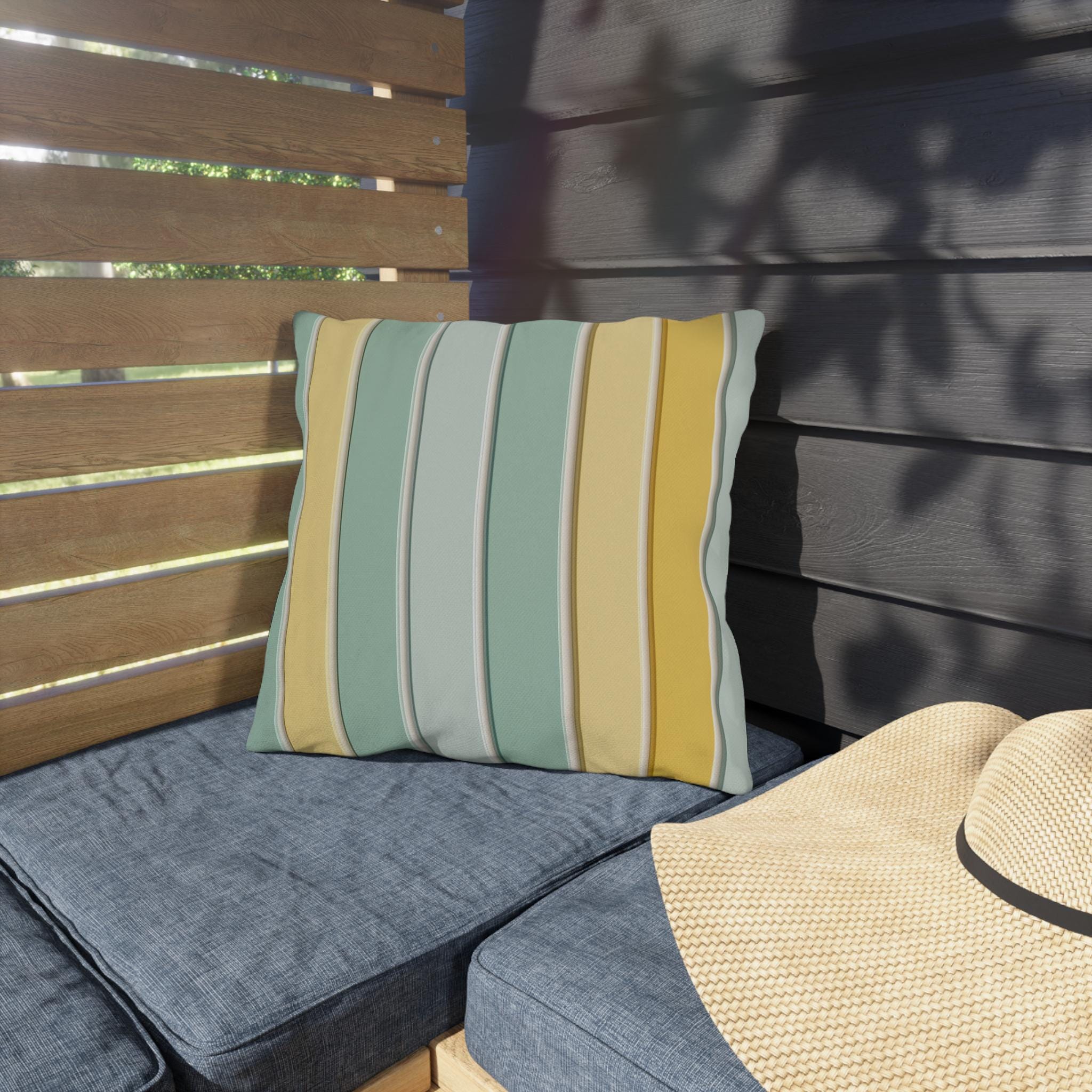 Modern Cabana Stripe Outdoor Pillow: Yellow & Aqua Coastal Cushion for Patio, Poolside, Porch Seating