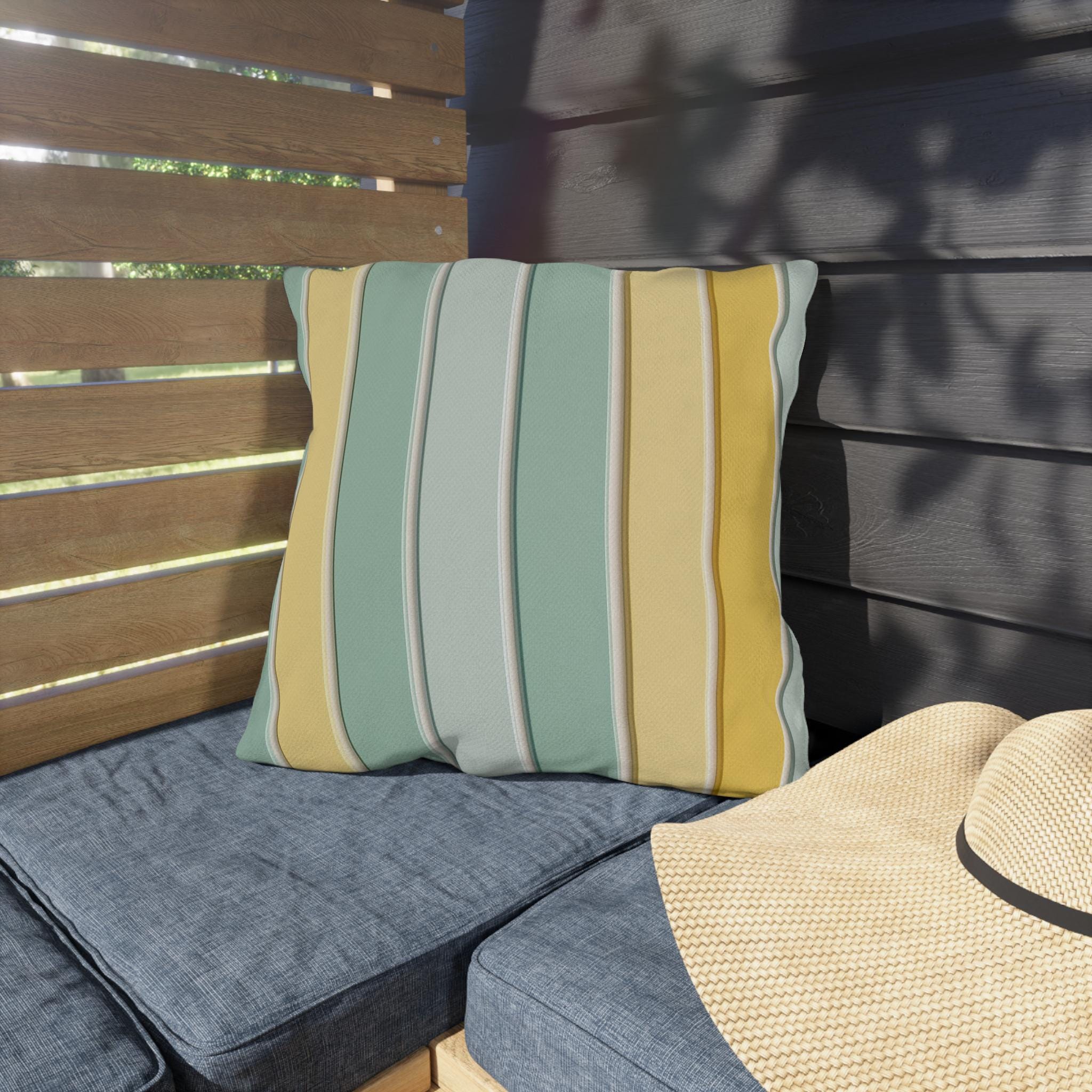 Modern Cabana Stripe Outdoor Pillow: Yellow & Aqua Coastal Cushion for Patio, Poolside, Porch Seating