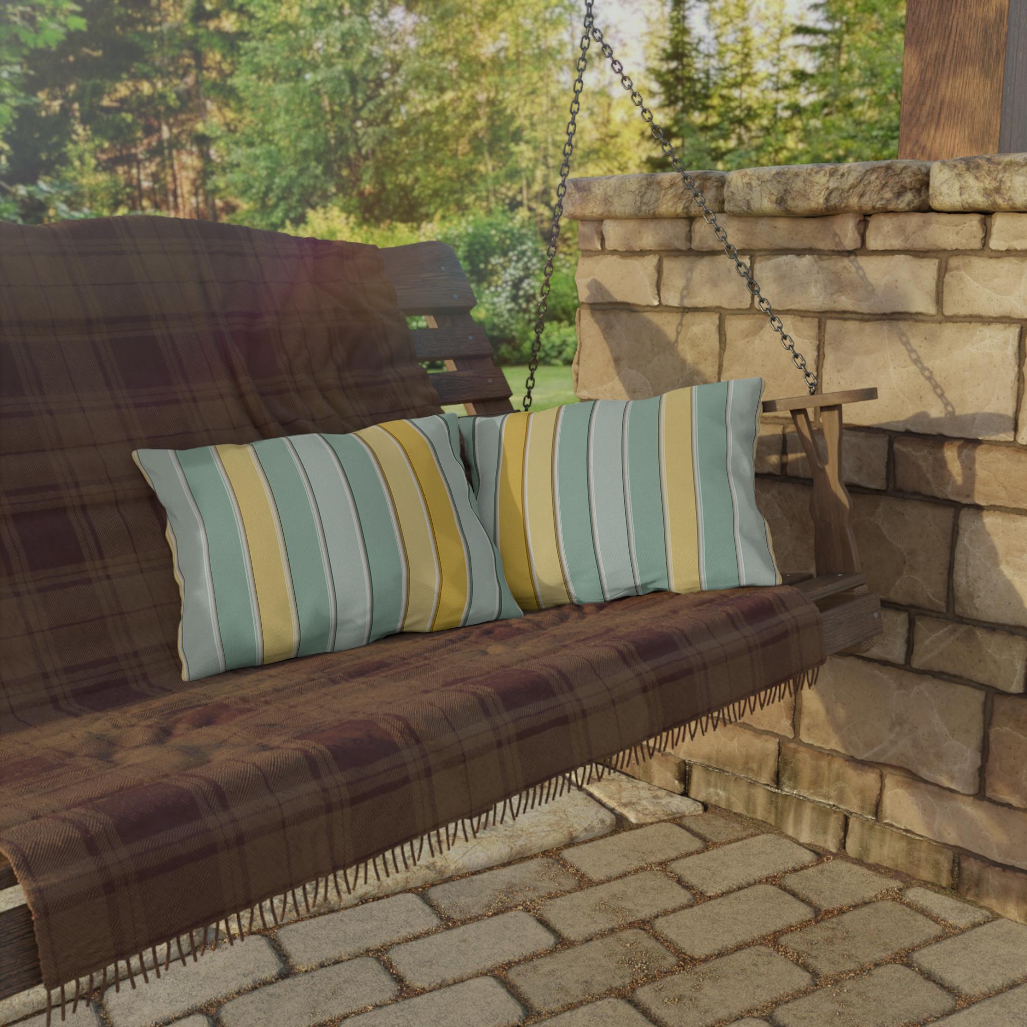 Modern Cabana Stripe Outdoor Pillow: Yellow & Aqua Coastal Cushion for Patio, Poolside, Porch Seating