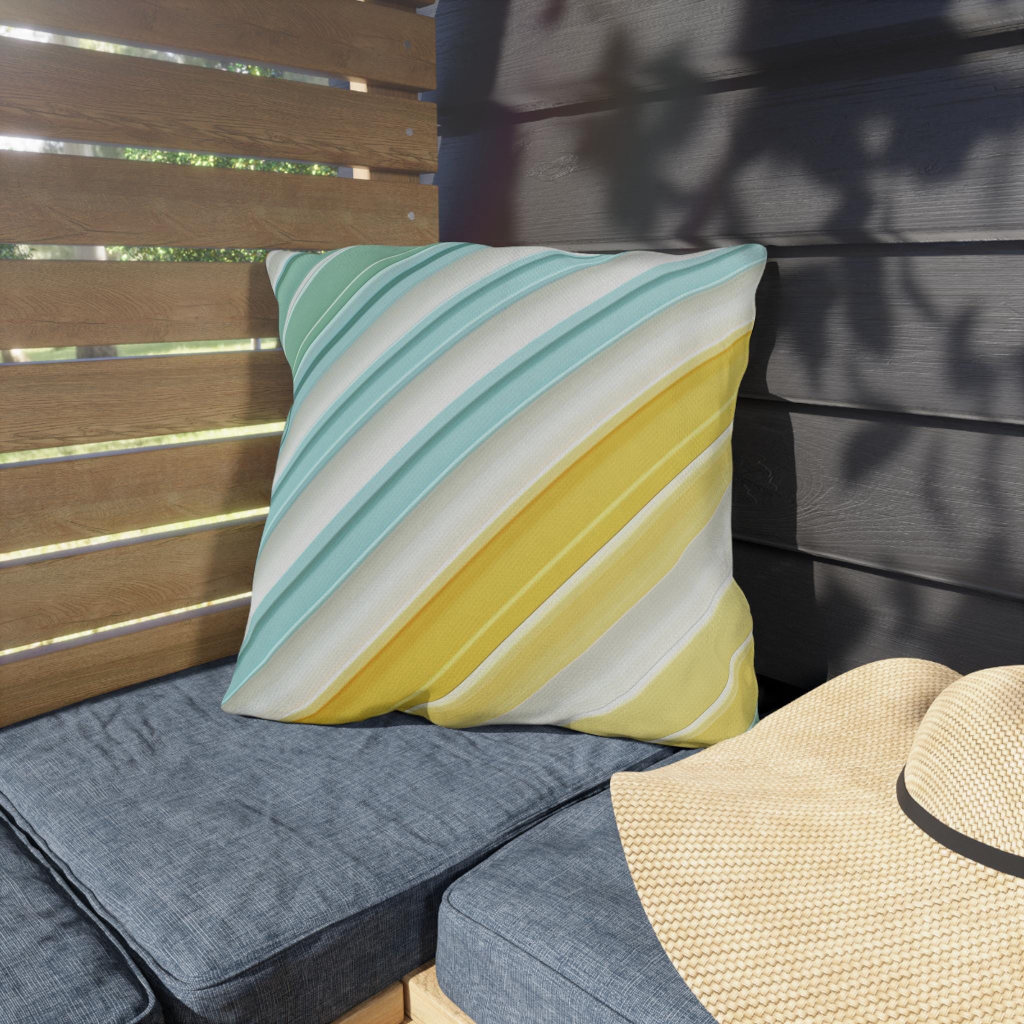 Diagonal Cabana Stripe Outdoor Pillow: Aqua Yellow Modern Coastal Cushion for Poolside Summer Decor