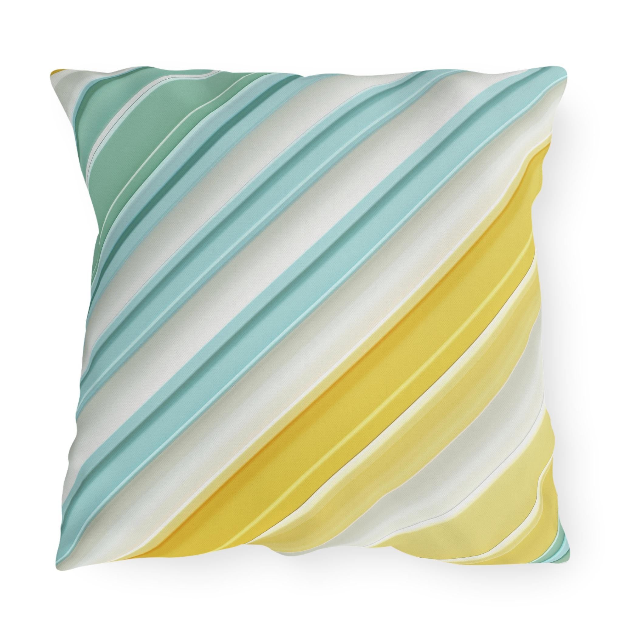 Diagonal Cabana Stripe Outdoor Pillow: Aqua Yellow Modern Coastal Cushion for Poolside Summer Decor