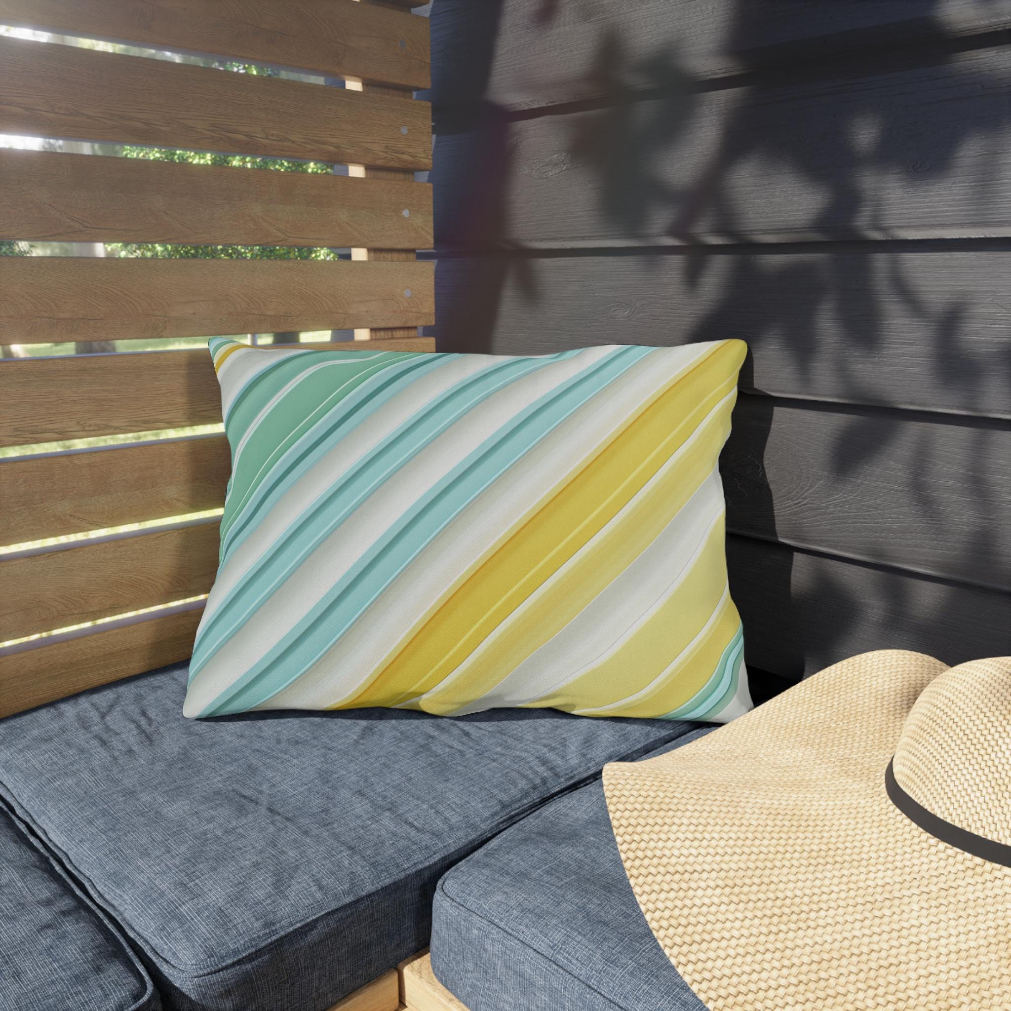 Diagonal Cabana Stripe Outdoor Pillow: Aqua Yellow Modern Coastal Cushion for Poolside Summer Decor