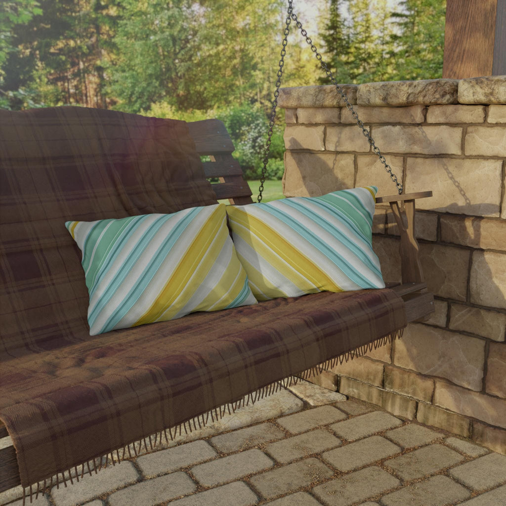 Diagonal Cabana Stripe Outdoor Pillow: Aqua Yellow Modern Coastal Cushion for Poolside Summer Decor