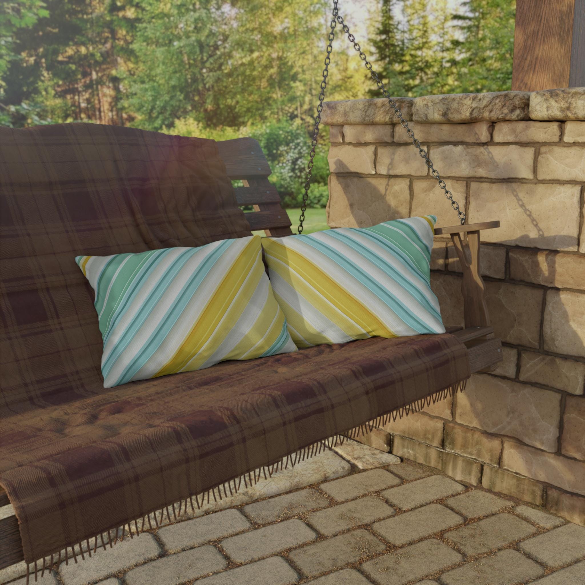 Diagonal Cabana Stripe Outdoor Pillow: Aqua Yellow Modern Coastal Cushion for Poolside Summer Decor