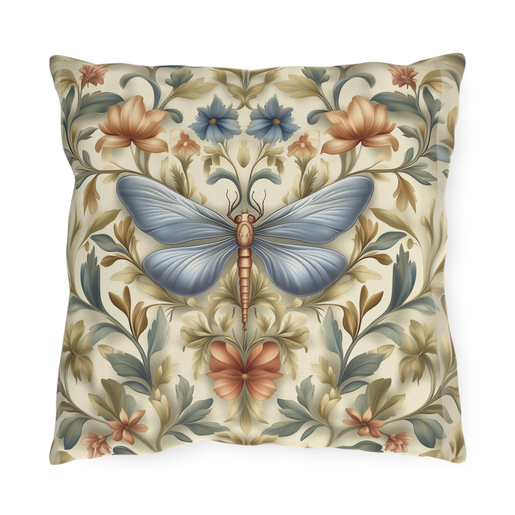 William Morris Inspired Butterfly Garden Pillow: Vintage Floral Outdoor Cushion for Patio and Porch