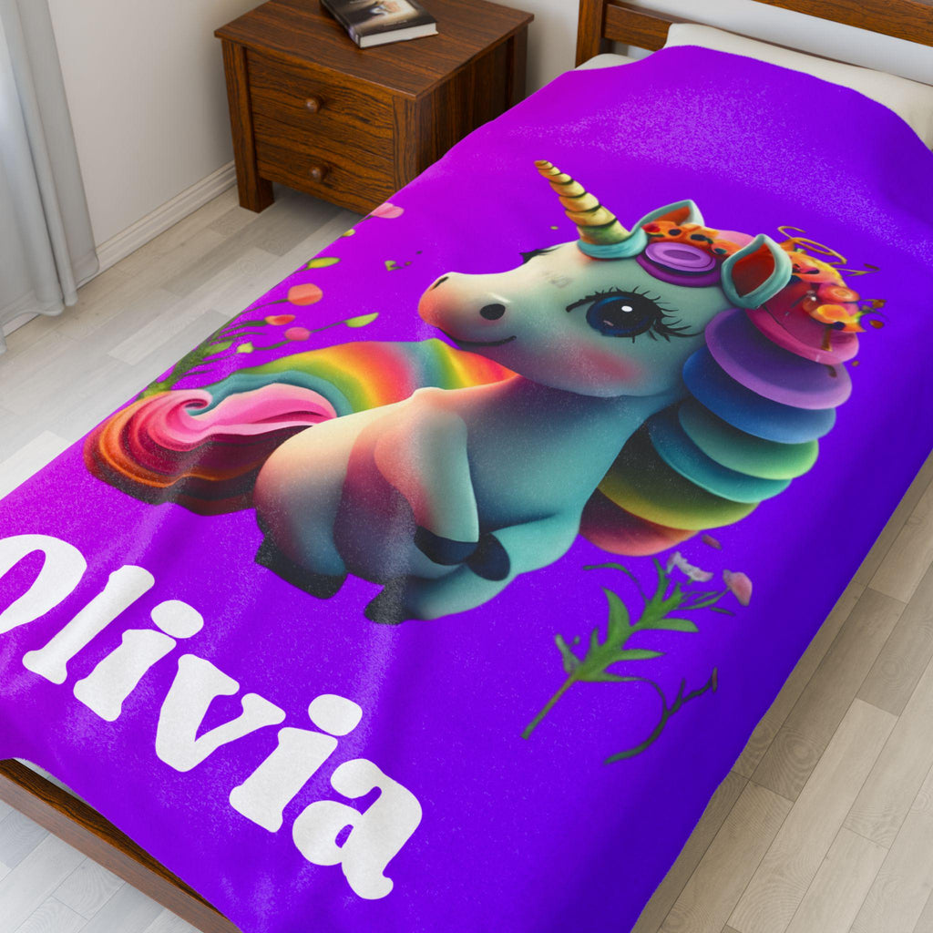 Custom Unicorn Blanket: Personalized Plush Velveteen Throw for Kids' Bedrooms & Magical Naptime