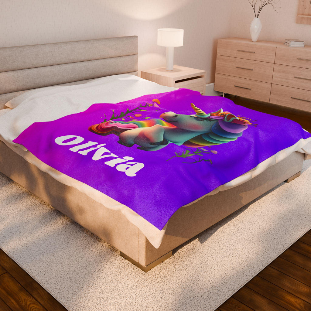Custom Unicorn Blanket: Personalized Plush Velveteen Throw for Kids' Bedrooms & Magical Naptime