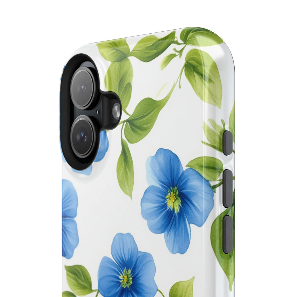 Elegant Blue Floral MagSafe iPhone Case: Tough Botanical Cover with Spring Blooms on White
