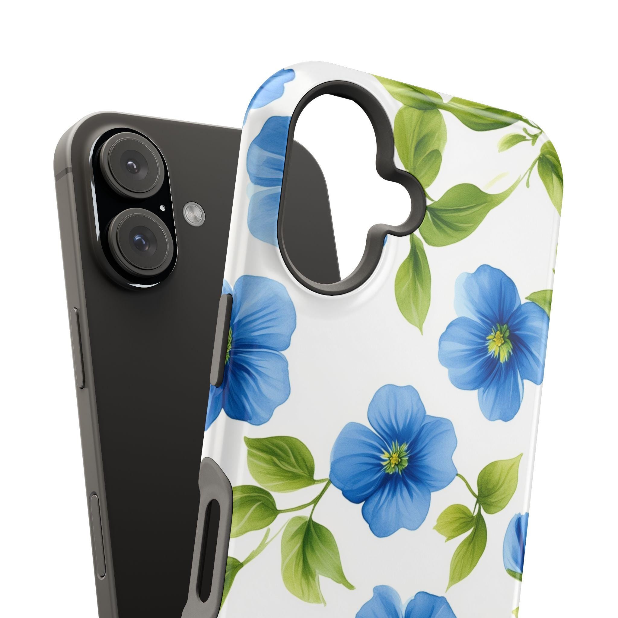 Elegant Blue Floral MagSafe iPhone Case: Tough Botanical Cover with Spring Blooms on White