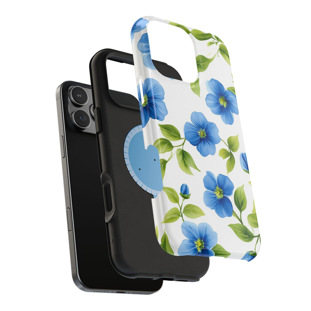 Elegant Blue Floral MagSafe iPhone Case: Tough Botanical Cover with Spring Blooms on White
