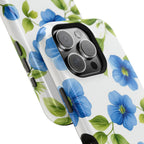 Elegant Blue Floral MagSafe iPhone Case: Tough Botanical Cover with Spring Blooms on White