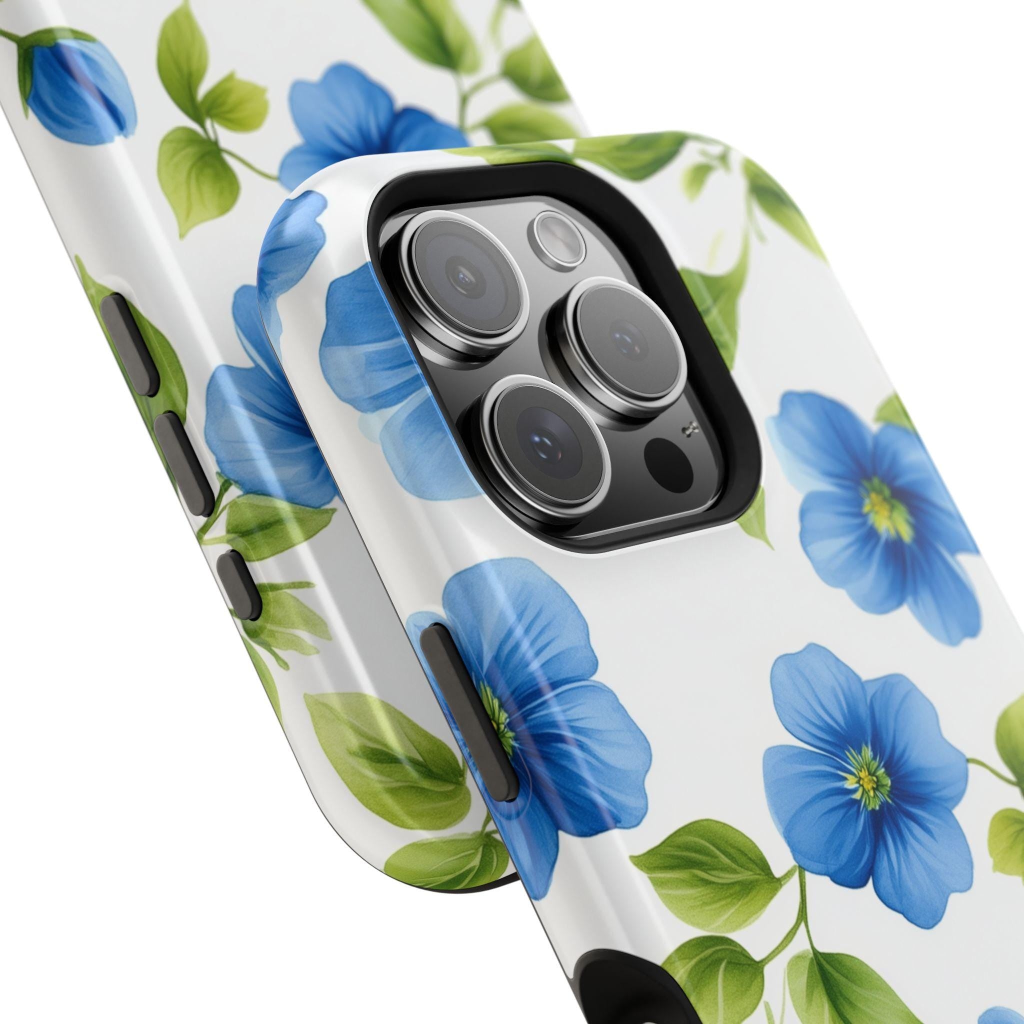 Elegant Blue Floral MagSafe iPhone Case: Tough Botanical Cover with Spring Blooms on White