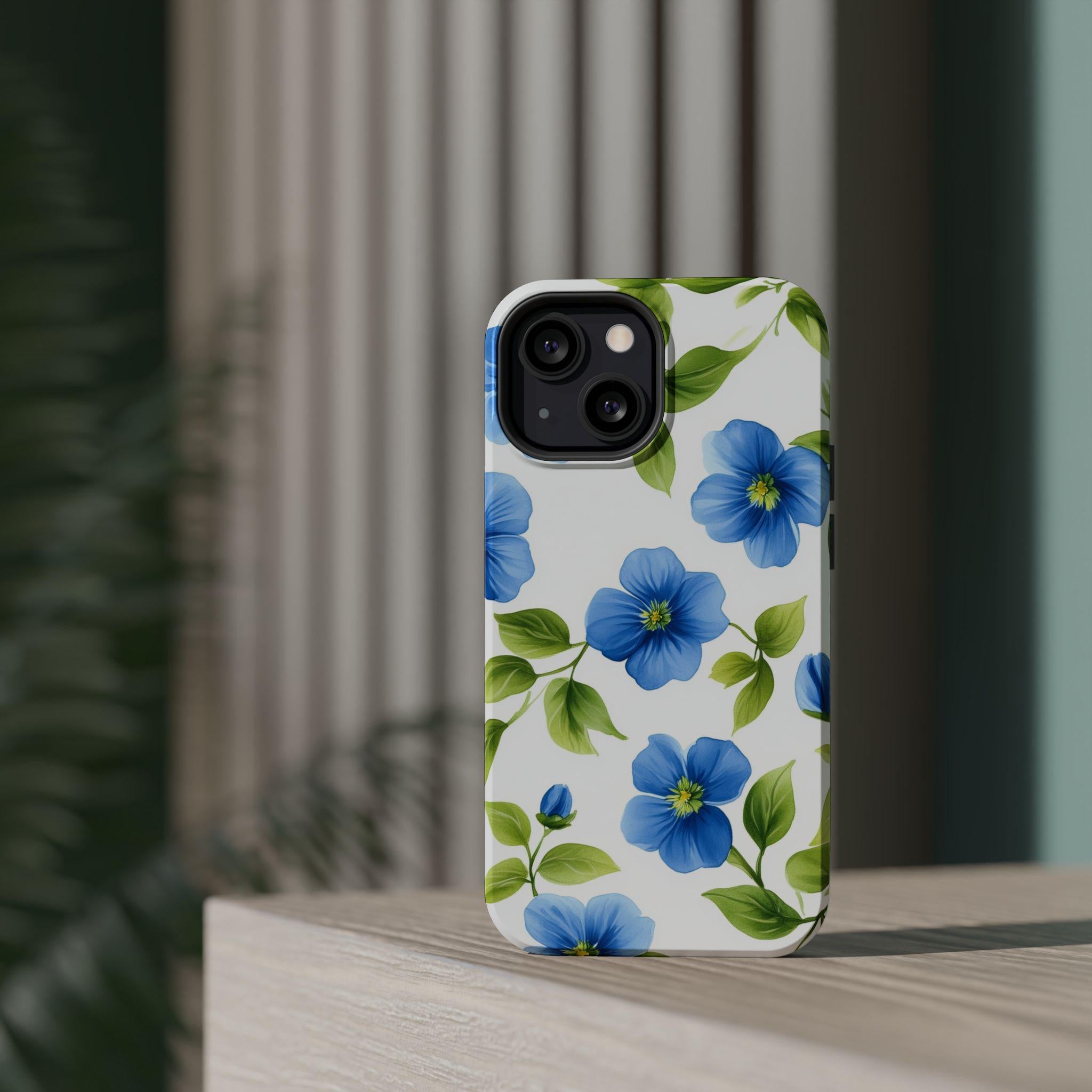 Elegant Blue Floral MagSafe iPhone Case: Tough Botanical Cover with Spring Blooms on White