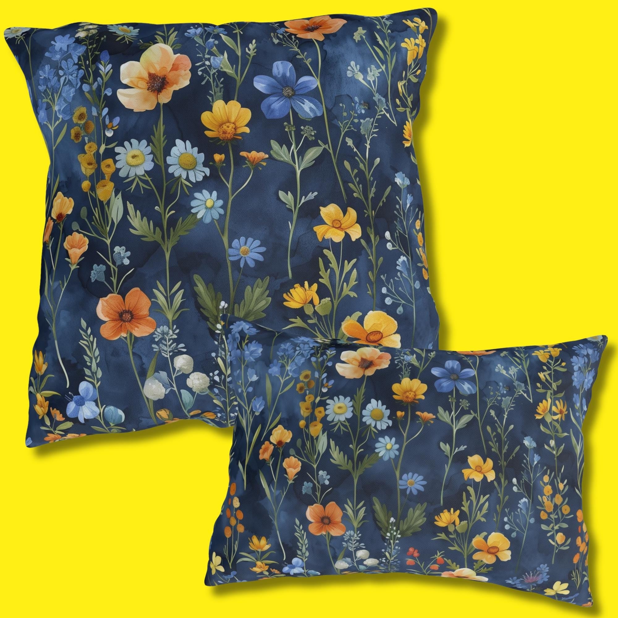 Wildflower Outdoor Pillow: Navy Watercolor Floral Cushion for Garden Patio Botanical Decor