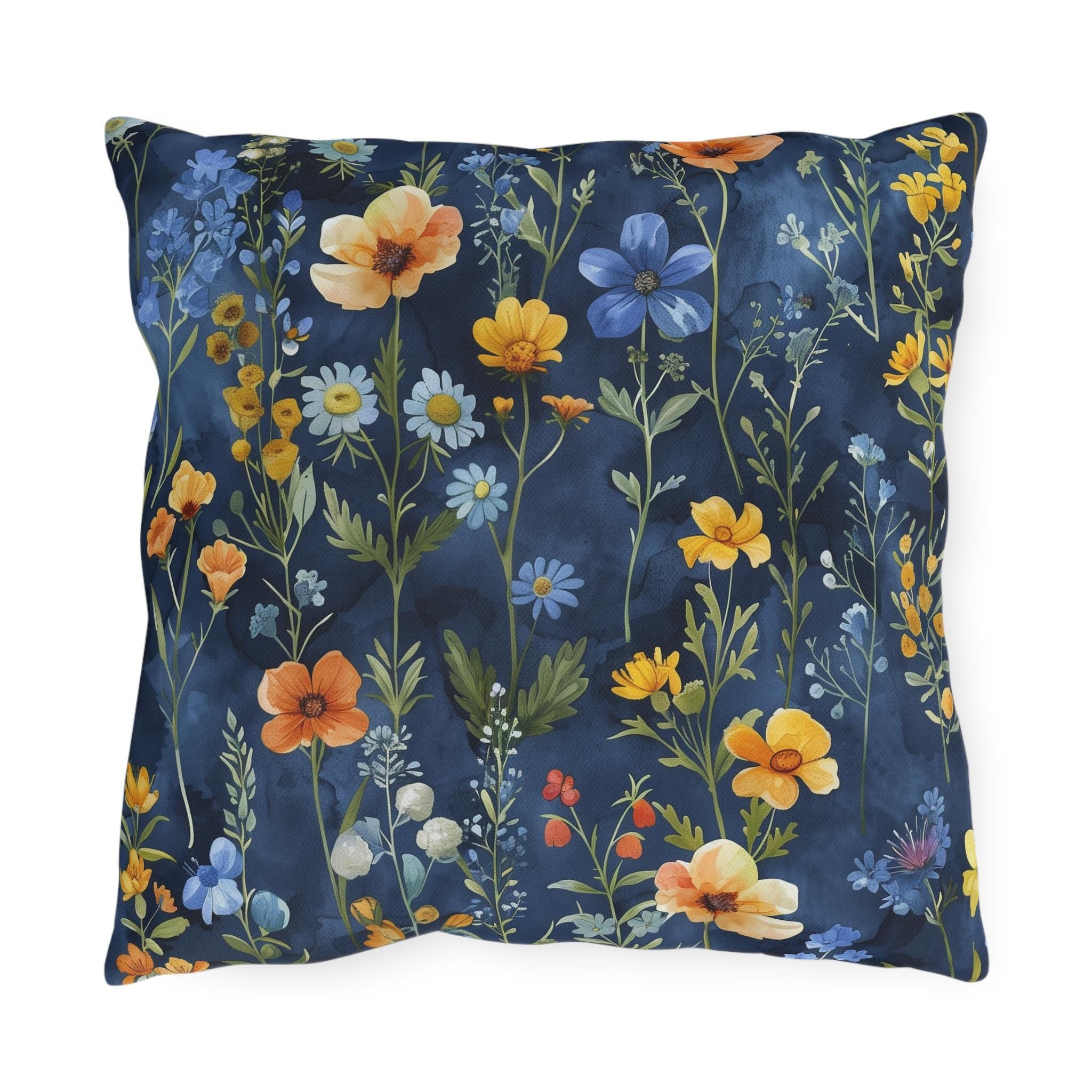 Wildflower Outdoor Pillow: Navy Watercolor Floral Cushion for Garden Patio Botanical Decor