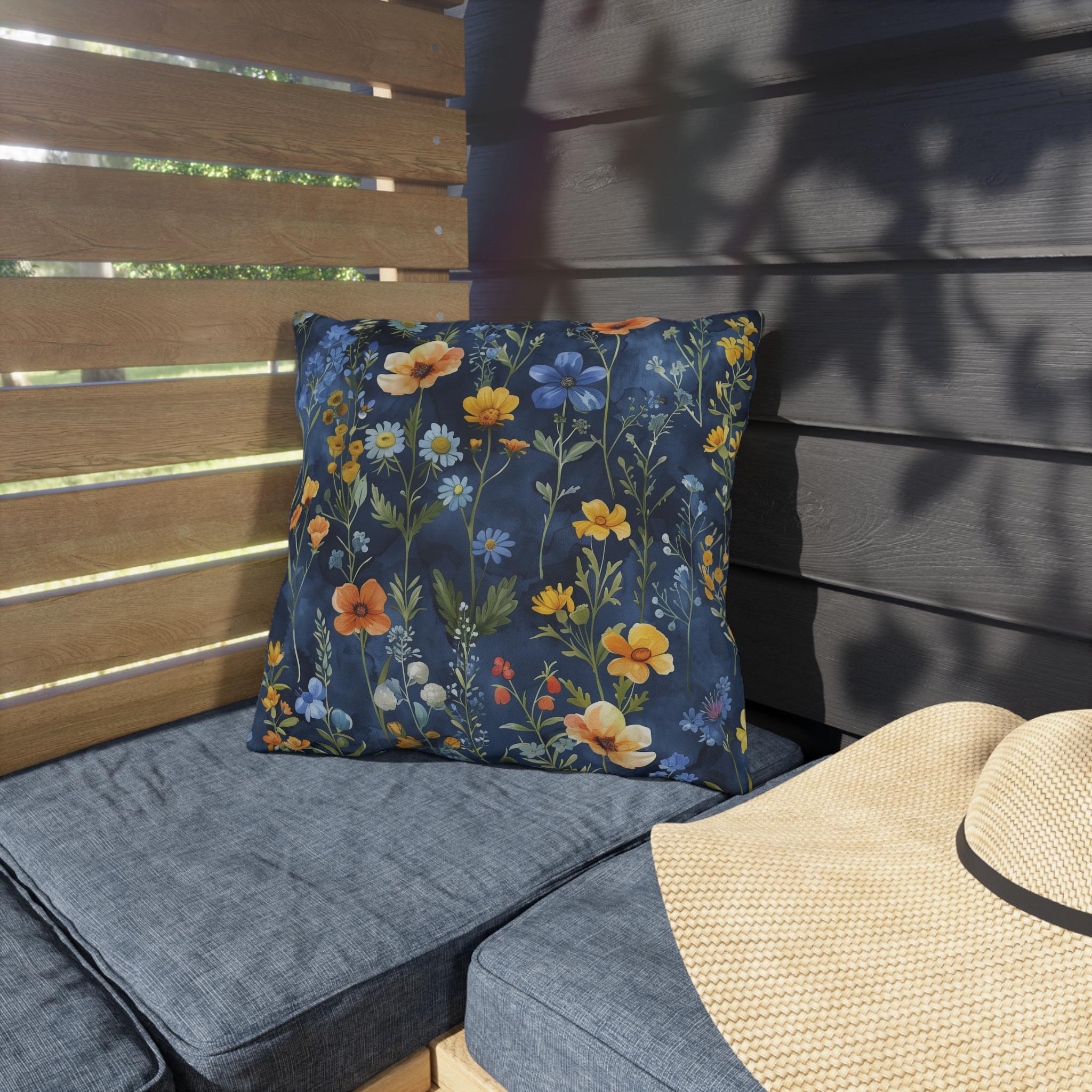 Wildflower Outdoor Pillow: Navy Watercolor Floral Cushion for Garden Patio Botanical Decor