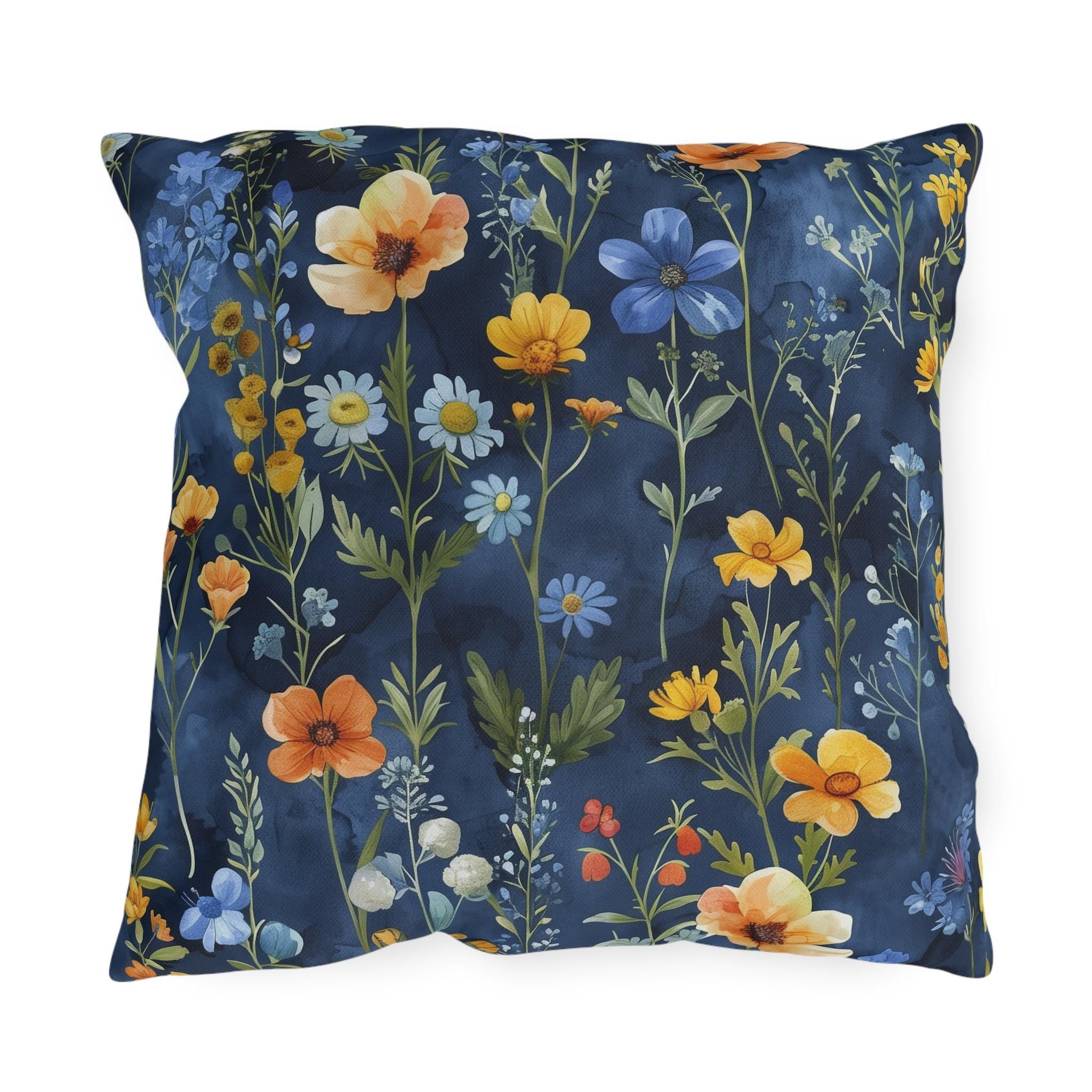 Wildflower Outdoor Pillow: Navy Watercolor Floral Cushion for Garden Patio Botanical Decor