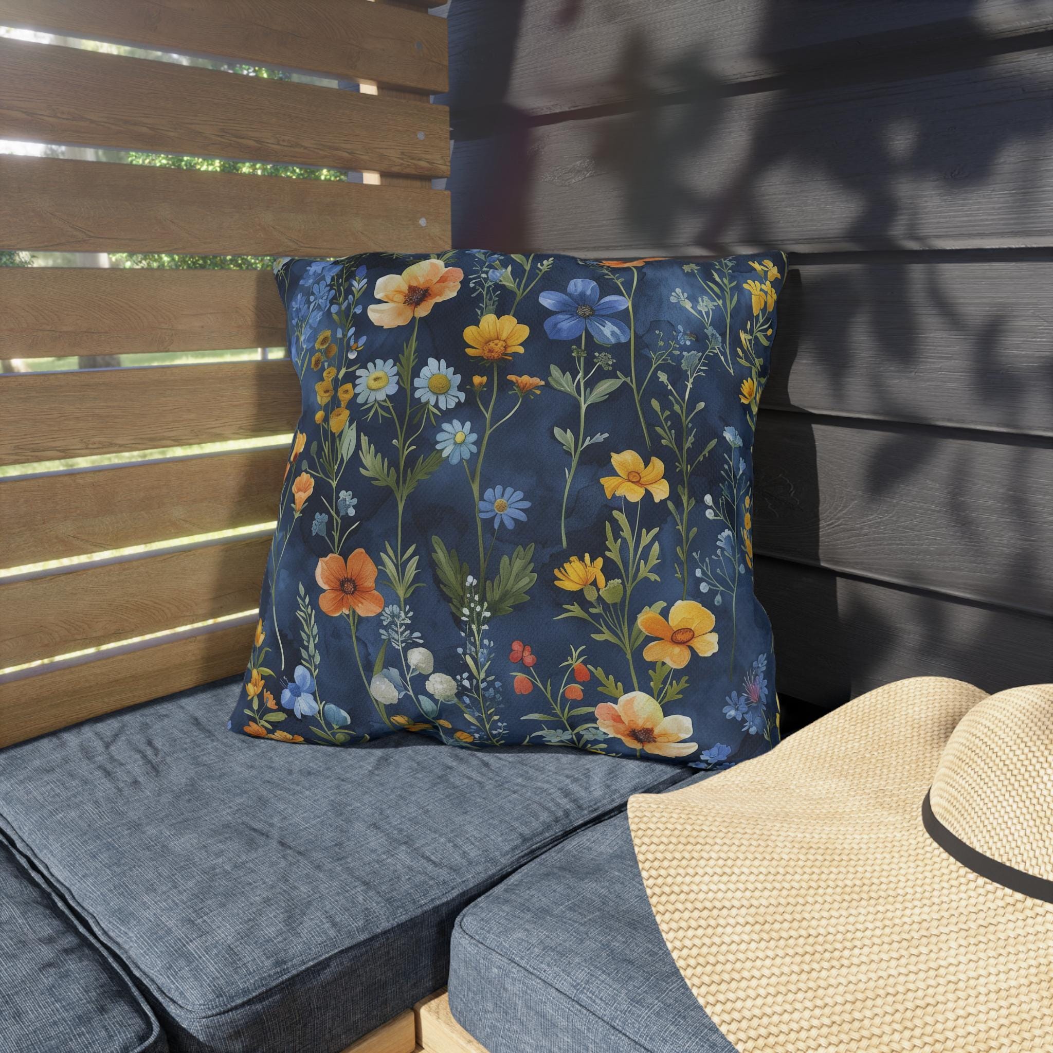 Wildflower Outdoor Pillow: Navy Watercolor Floral Cushion for Garden Patio Botanical Decor