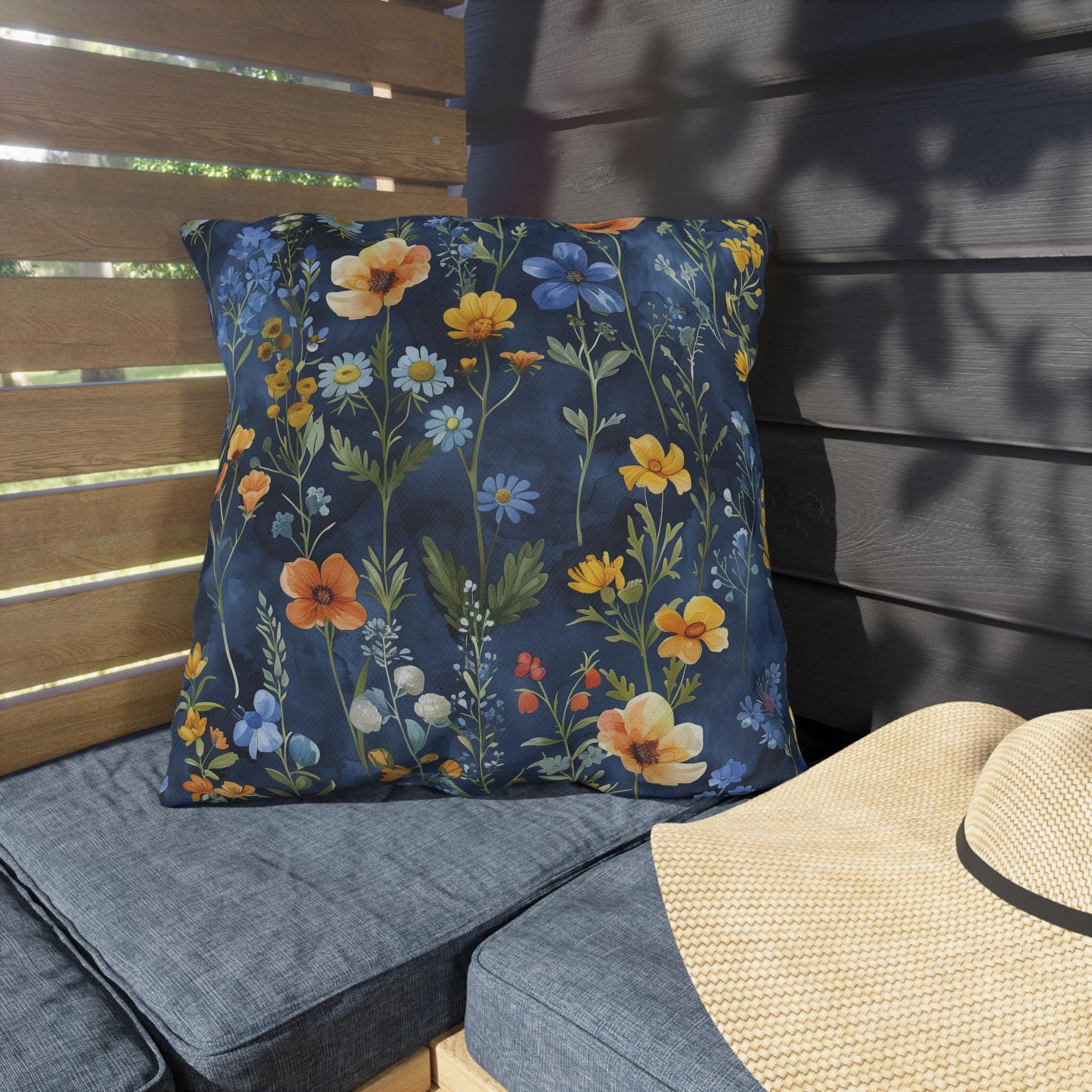 Wildflower Outdoor Pillow: Navy Watercolor Floral Cushion for Garden Patio Botanical Decor