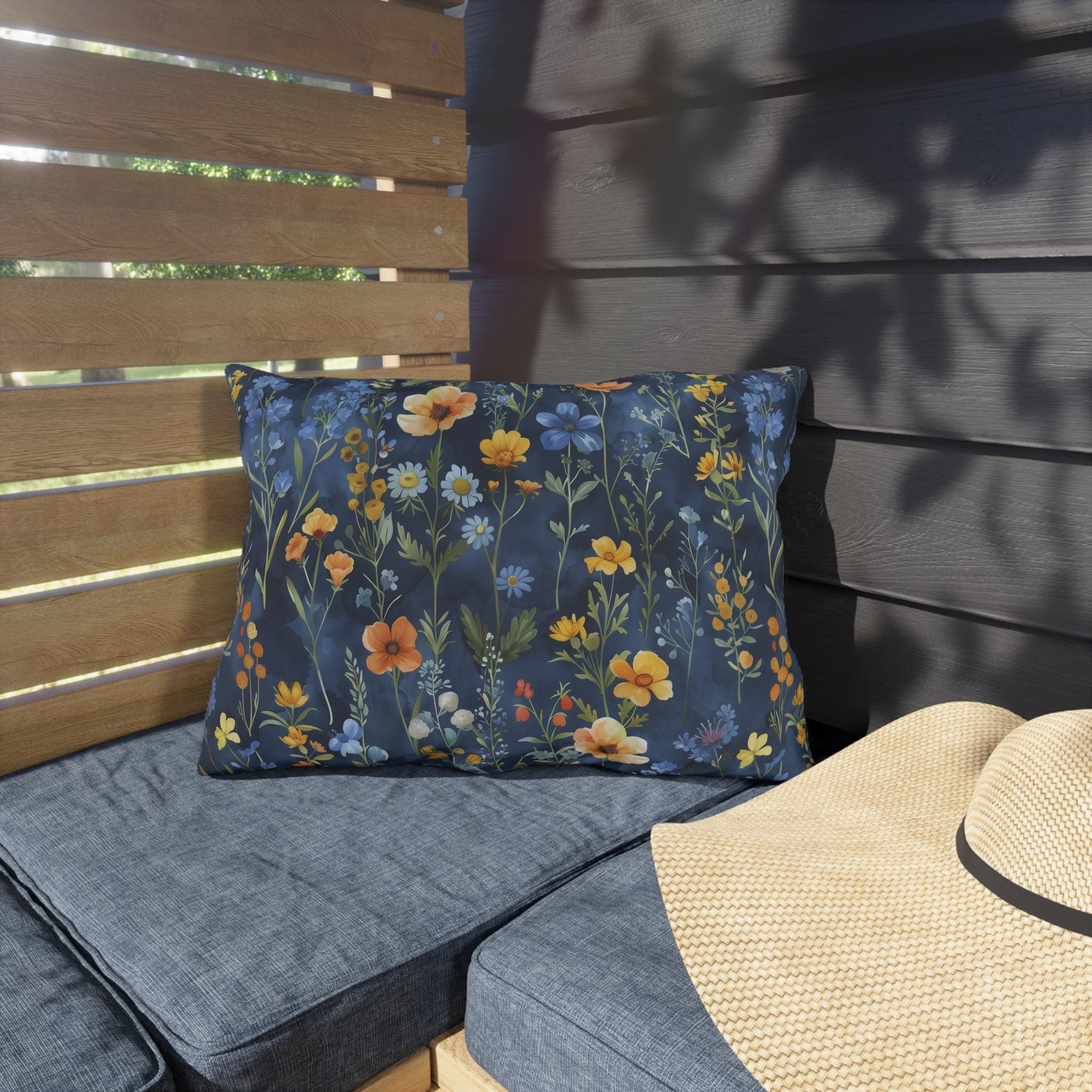 Wildflower Outdoor Pillow: Navy Watercolor Floral Cushion for Garden Patio Botanical Decor