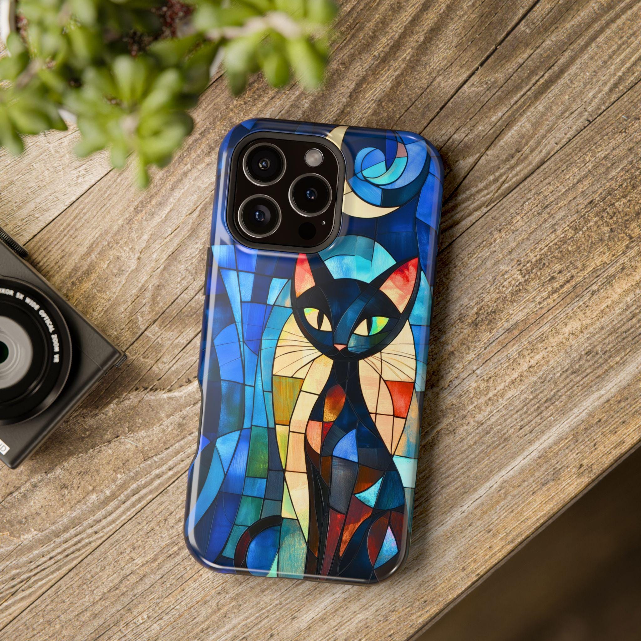 Cubist Cat MagSafe iPhone Case: Mid-Century Modern Abstract Feline Art Tough Cover
