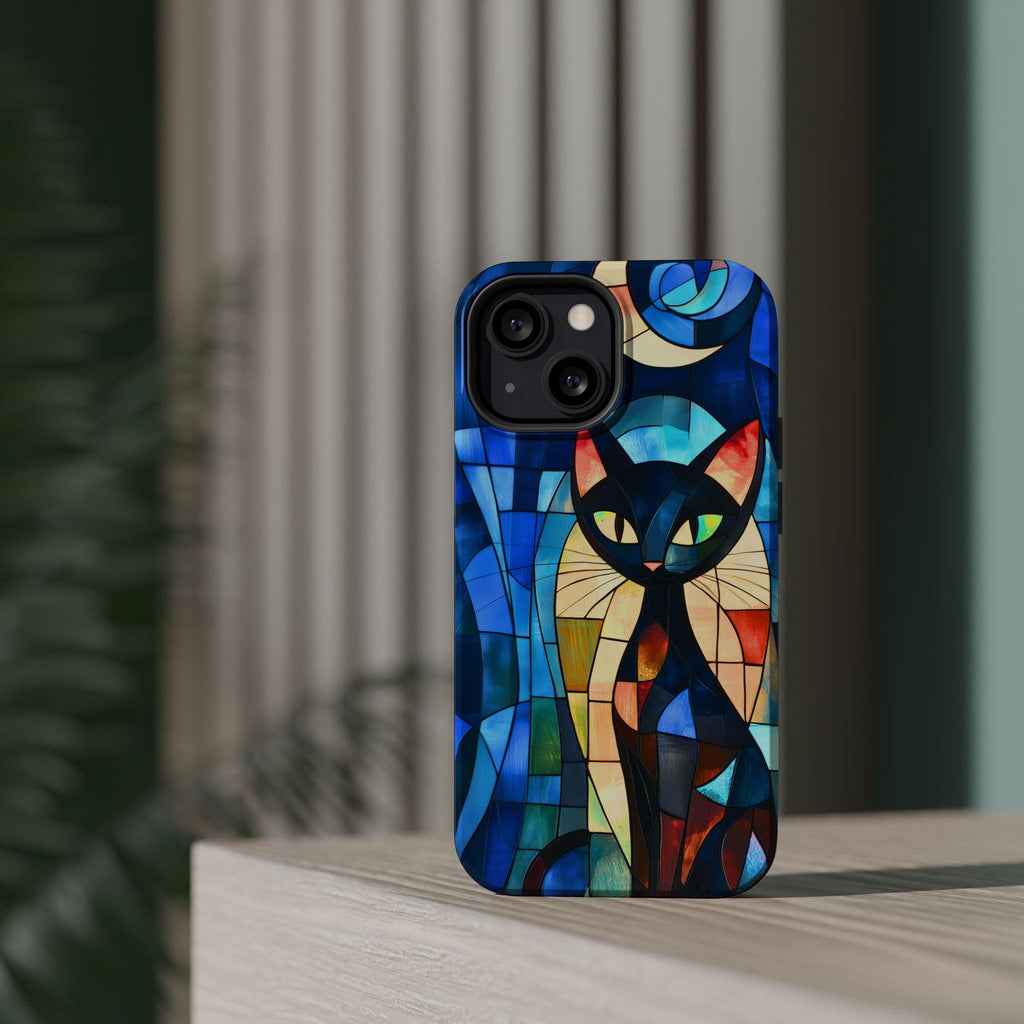 Cubist Cat MagSafe iPhone Case: Mid-Century Modern Abstract Feline Art Tough Cover