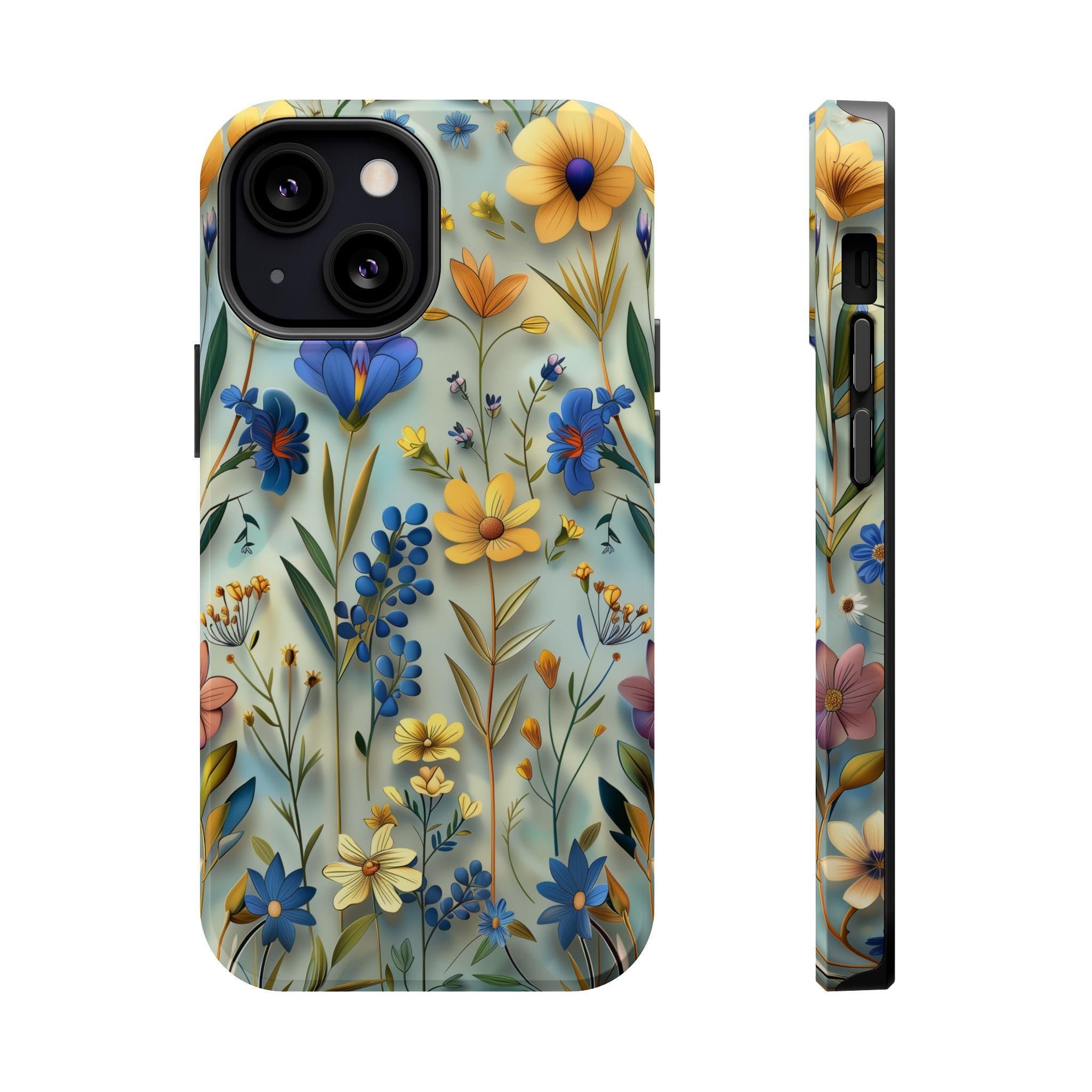 Botanical Meadow MagSafe iPhone Case: Floral Tough Cover with Soft Wildflower Design
