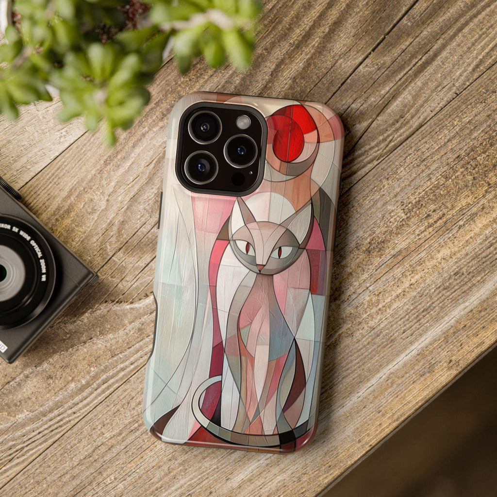 Geometric Pink Cat iPhone Case: MagSafe Compatible, Cubism Art Design, Tough Modern Cover