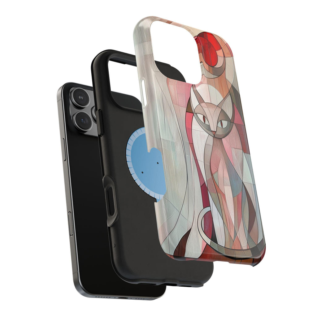 Geometric Pink Cat iPhone Case: MagSafe Compatible, Cubism Art Design, Tough Modern Cover