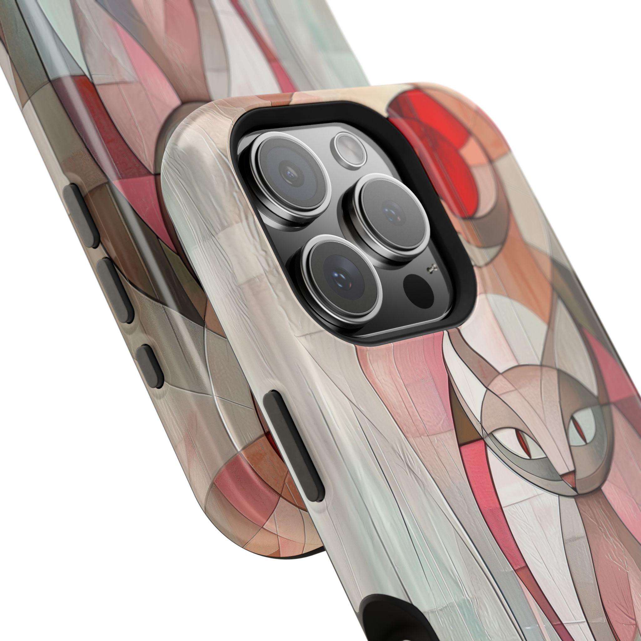 Geometric Pink Cat iPhone Case: MagSafe Compatible, Cubism Art Design, Tough Modern Cover