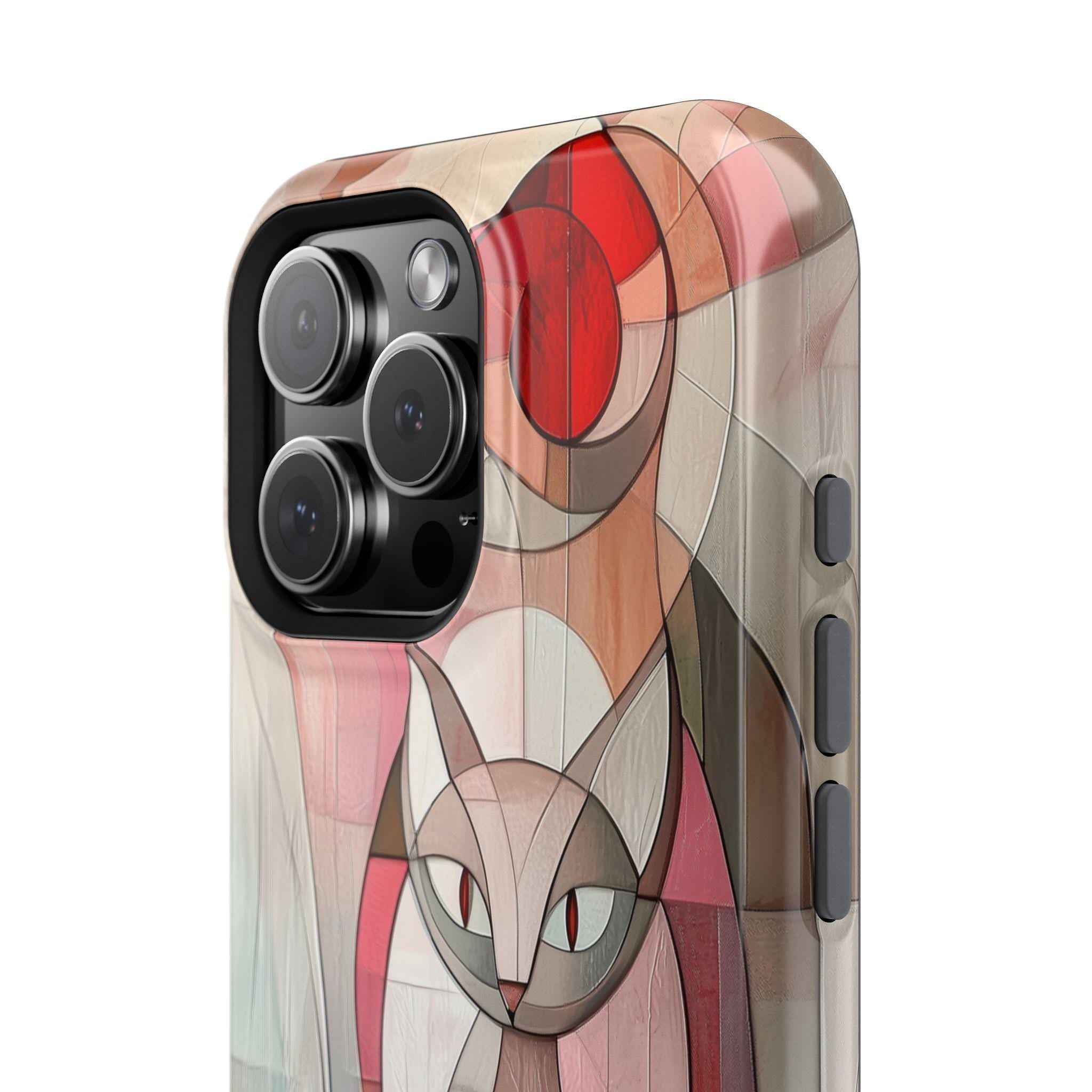 Geometric Pink Cat iPhone Case: MagSafe Compatible, Cubism Art Design, Tough Modern Cover