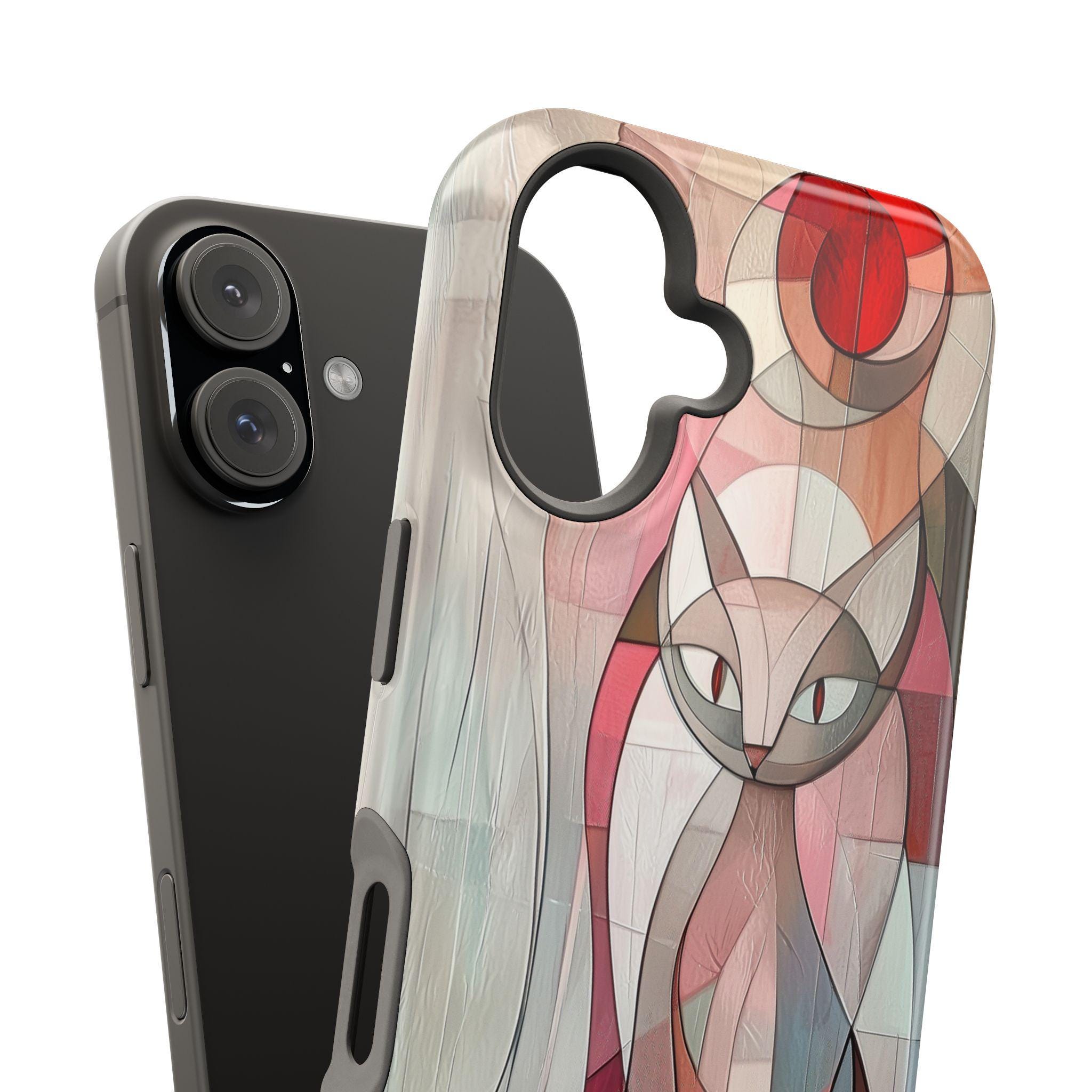 Geometric Pink Cat iPhone Case: MagSafe Compatible, Cubism Art Design, Tough Modern Cover