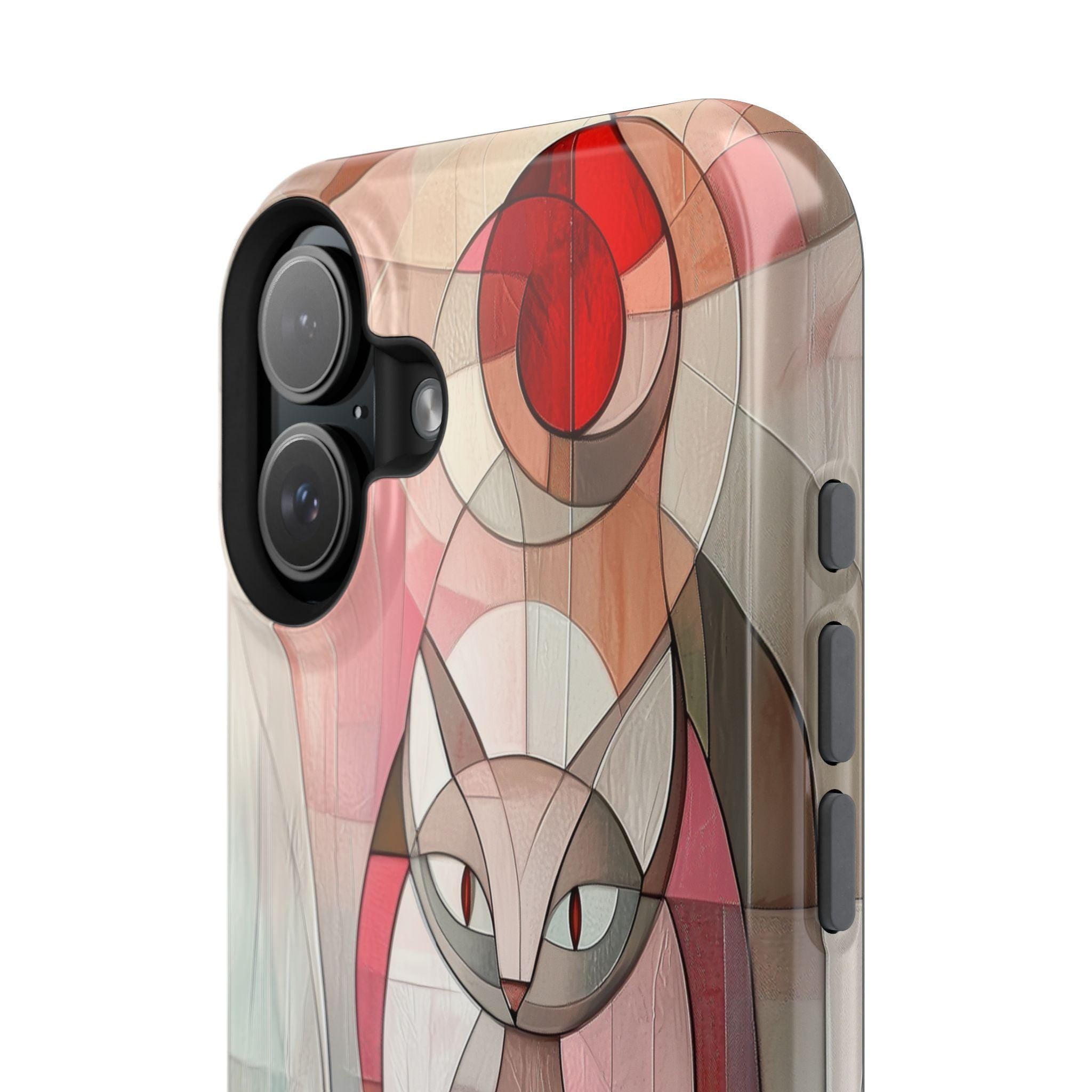 Geometric Pink Cat iPhone Case: MagSafe Compatible, Cubism Art Design, Tough Modern Cover