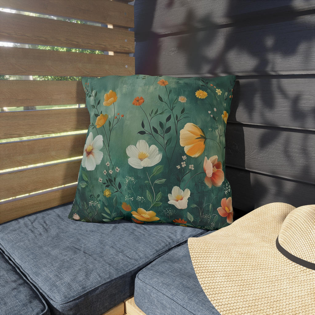 Dark Green Wildflower Garden Outdoor Pillow: Water-Resistant Floral Patio Cushion Accent Decor