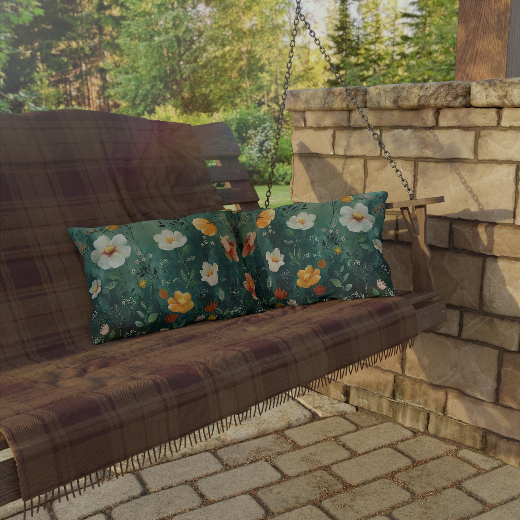 Dark Green Wildflower Garden Outdoor Pillow: Water-Resistant Floral Patio Cushion Accent Decor