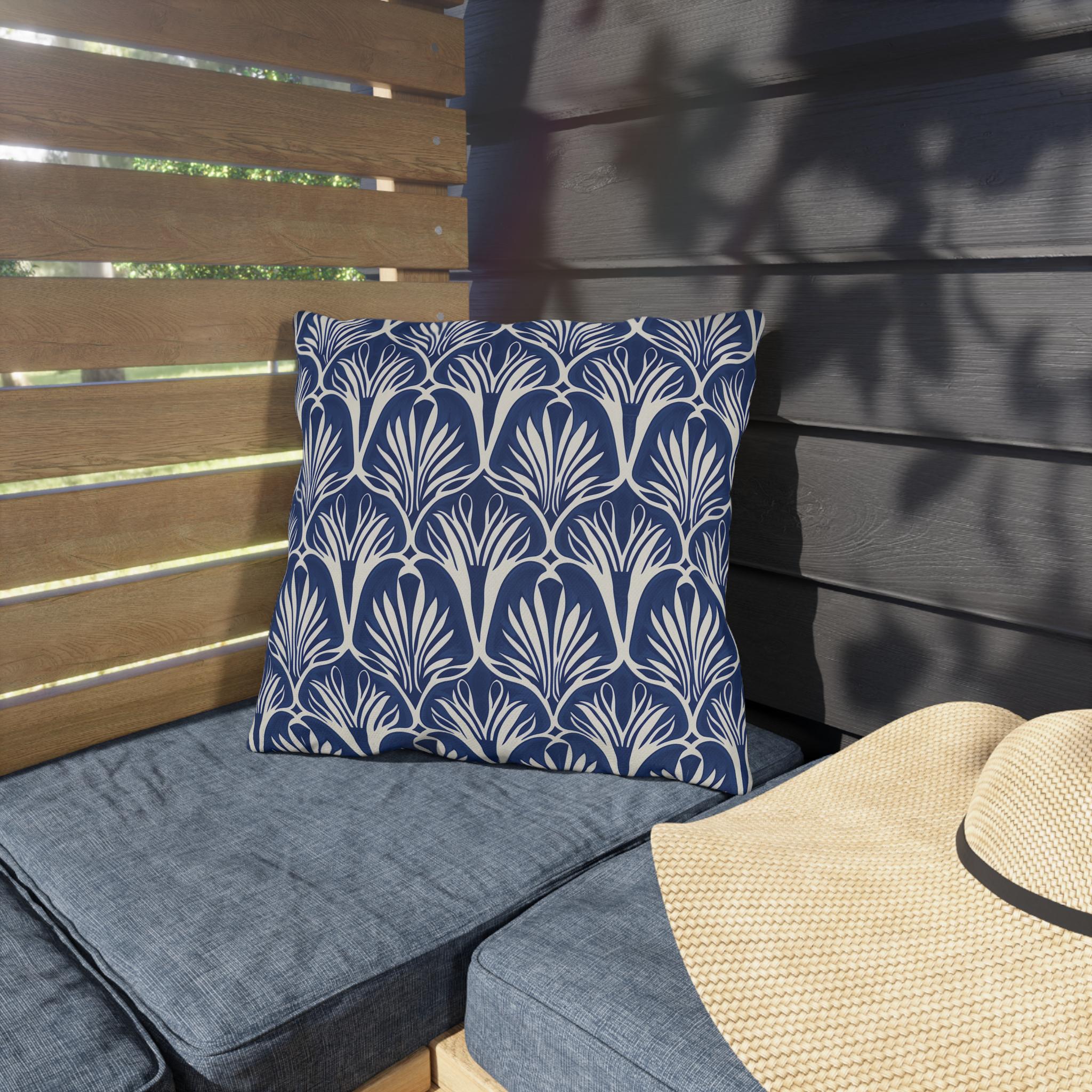 Elegant Art Nouveau Patio Pillow: Navy & Cream Water-Resistant Decorative Cushion for Outdoor Seating