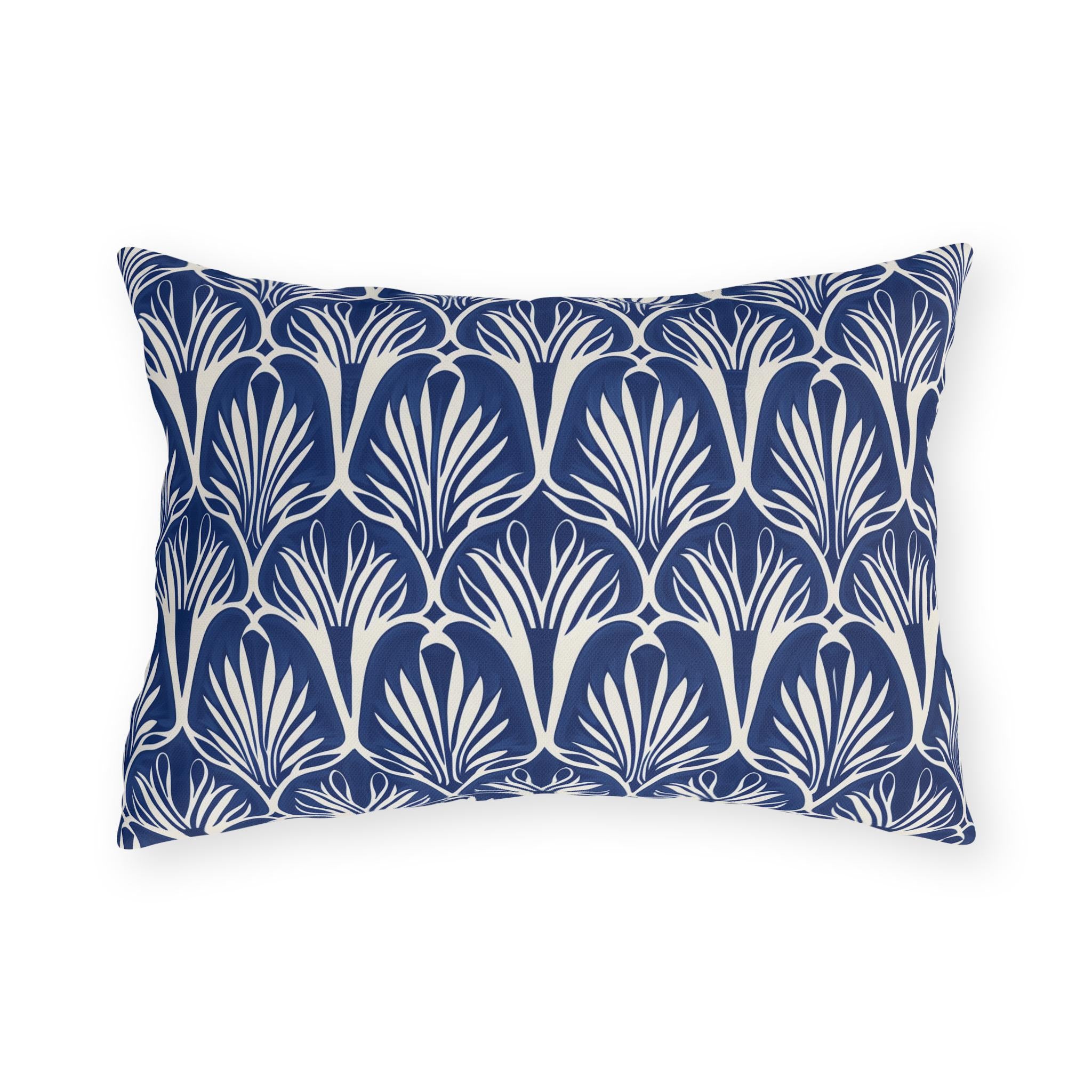 Elegant Art Nouveau Patio Pillow: Navy & Cream Water-Resistant Decorative Cushion for Outdoor Seating