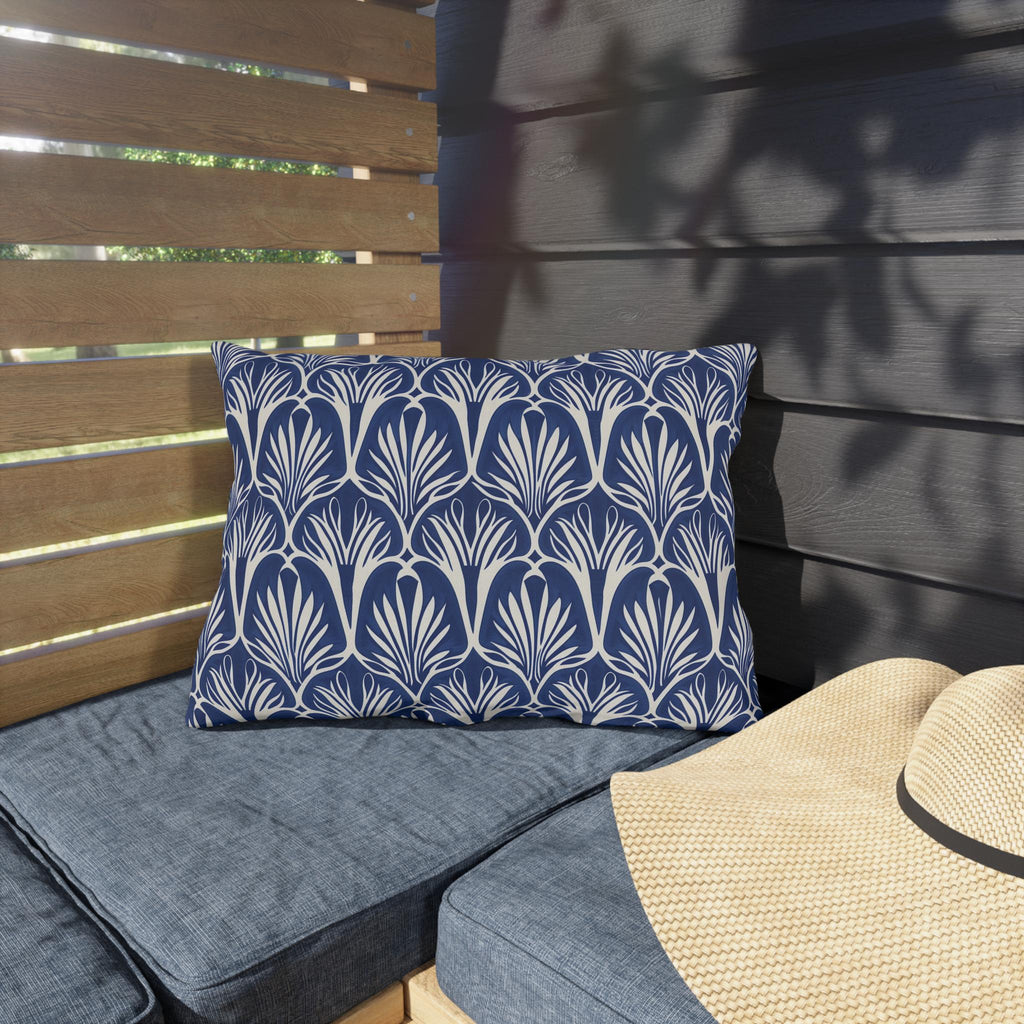 Elegant Art Nouveau Patio Pillow: Navy & Cream Water-Resistant Decorative Cushion for Outdoor Seating