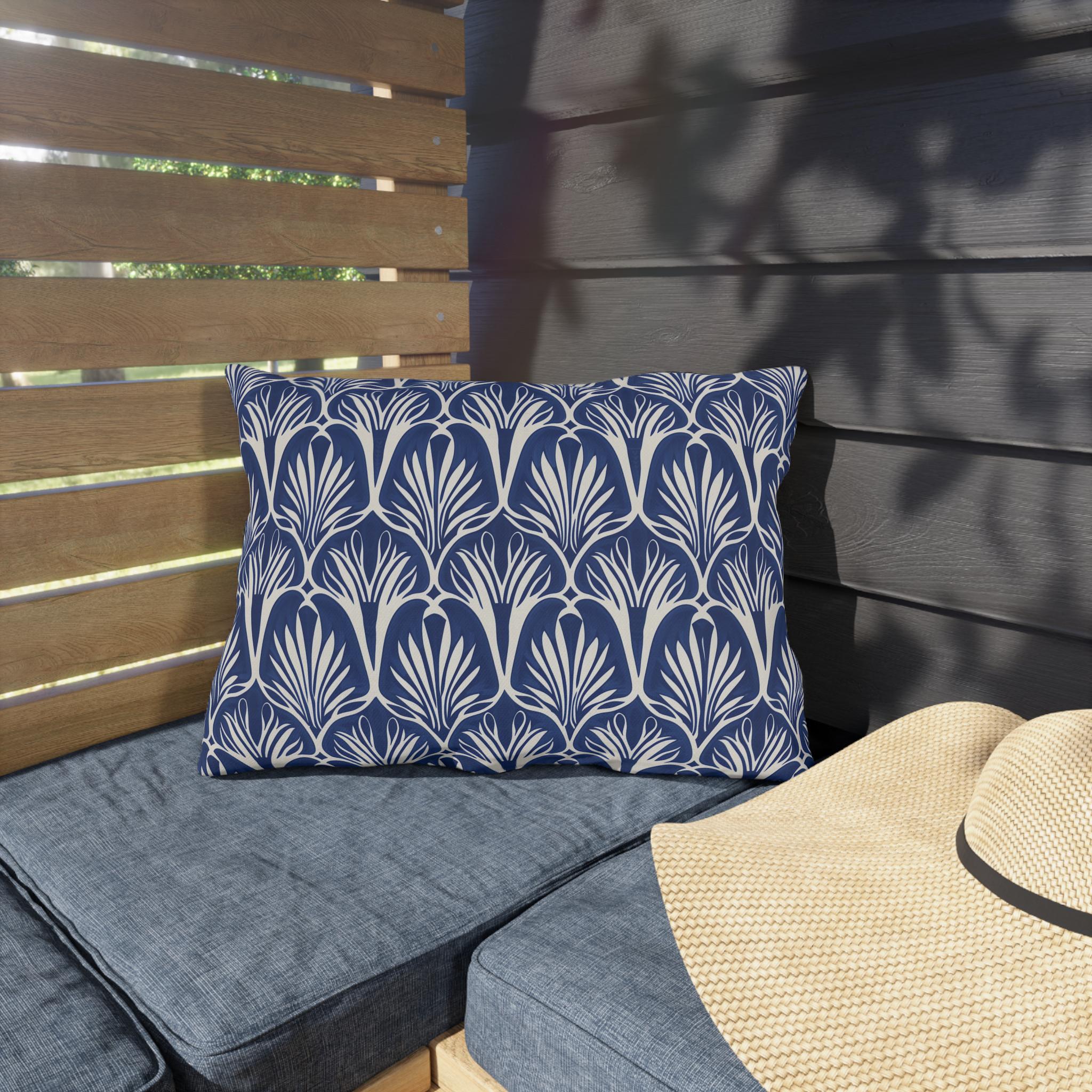 Elegant Art Nouveau Patio Pillow: Navy & Cream Water-Resistant Decorative Cushion for Outdoor Seating