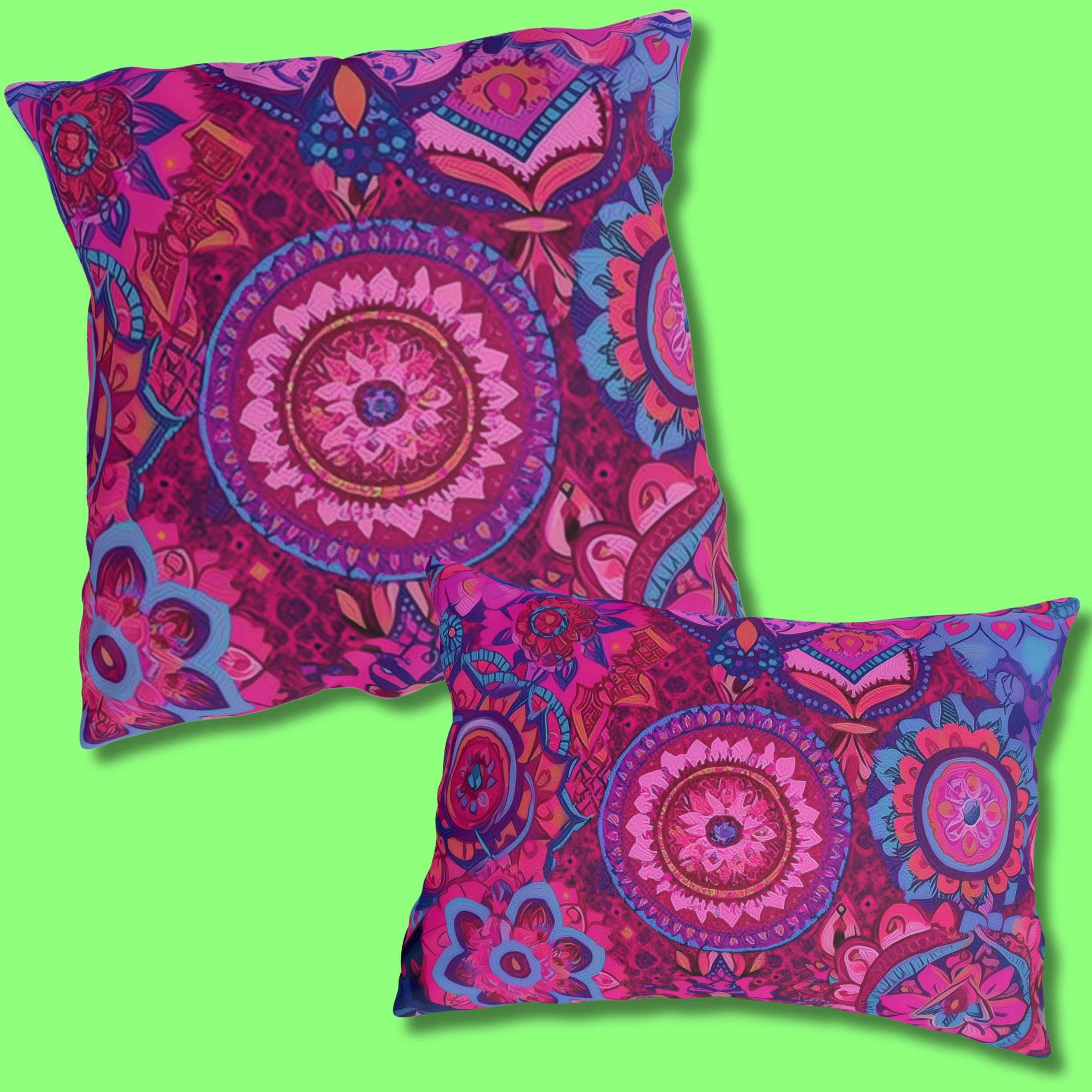 Vibrant Boho Mandala Outdoor Pillow: Pink Purple Decorative Patio Cushion for Garden & Porch Decor