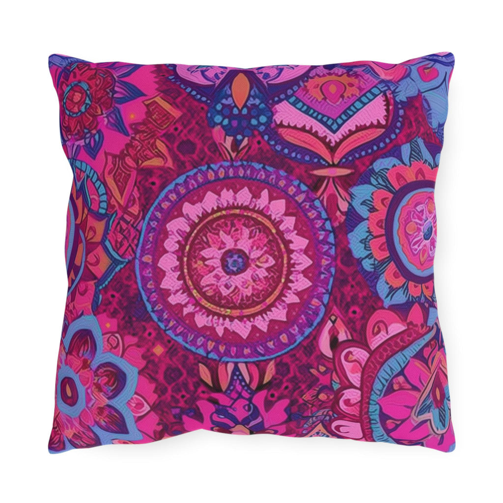 Vibrant Boho Mandala Outdoor Pillow: Pink Purple Decorative Patio Cushion for Garden & Porch Decor