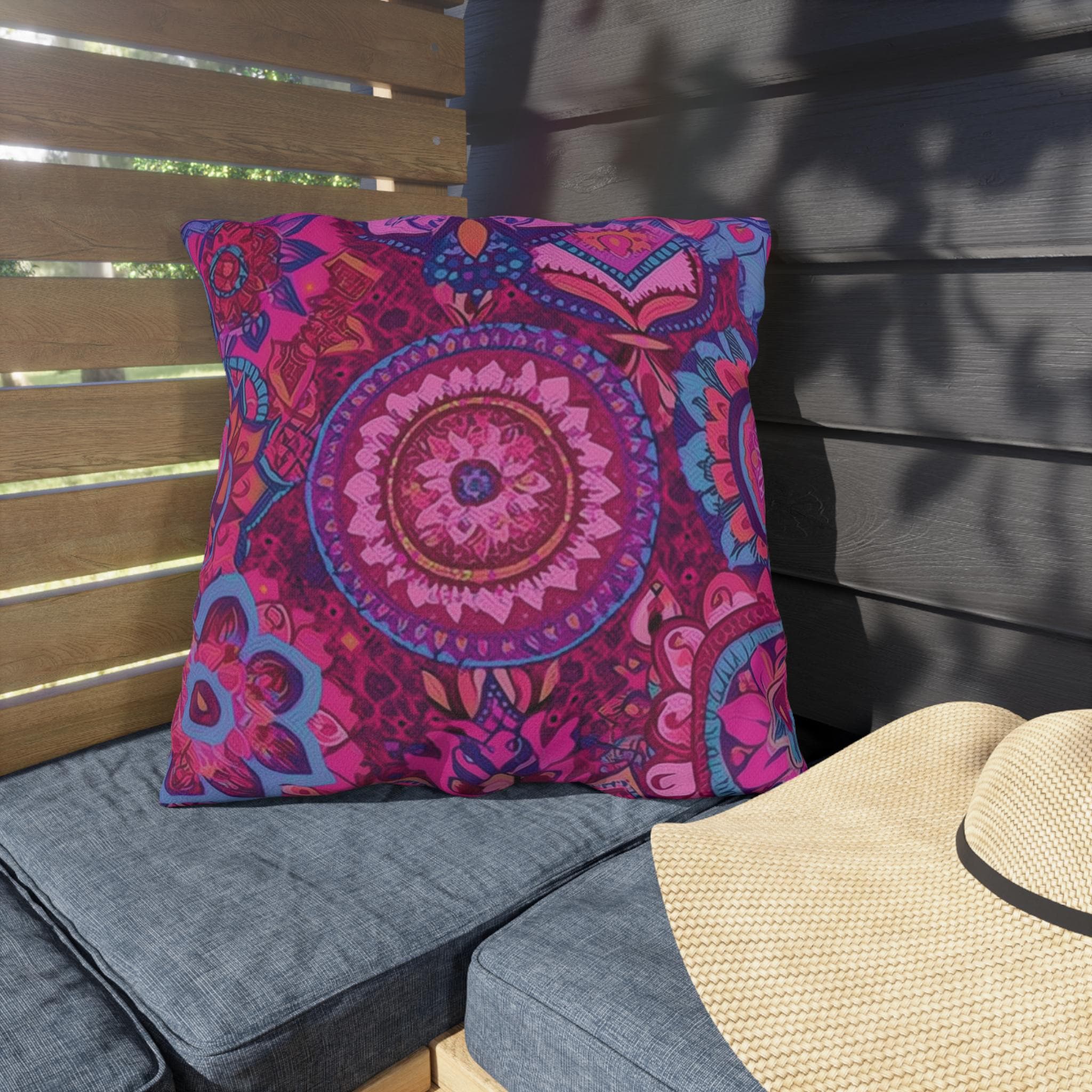 Vibrant Boho Mandala Outdoor Pillow: Pink Purple Decorative Patio Cushion for Garden & Porch Decor