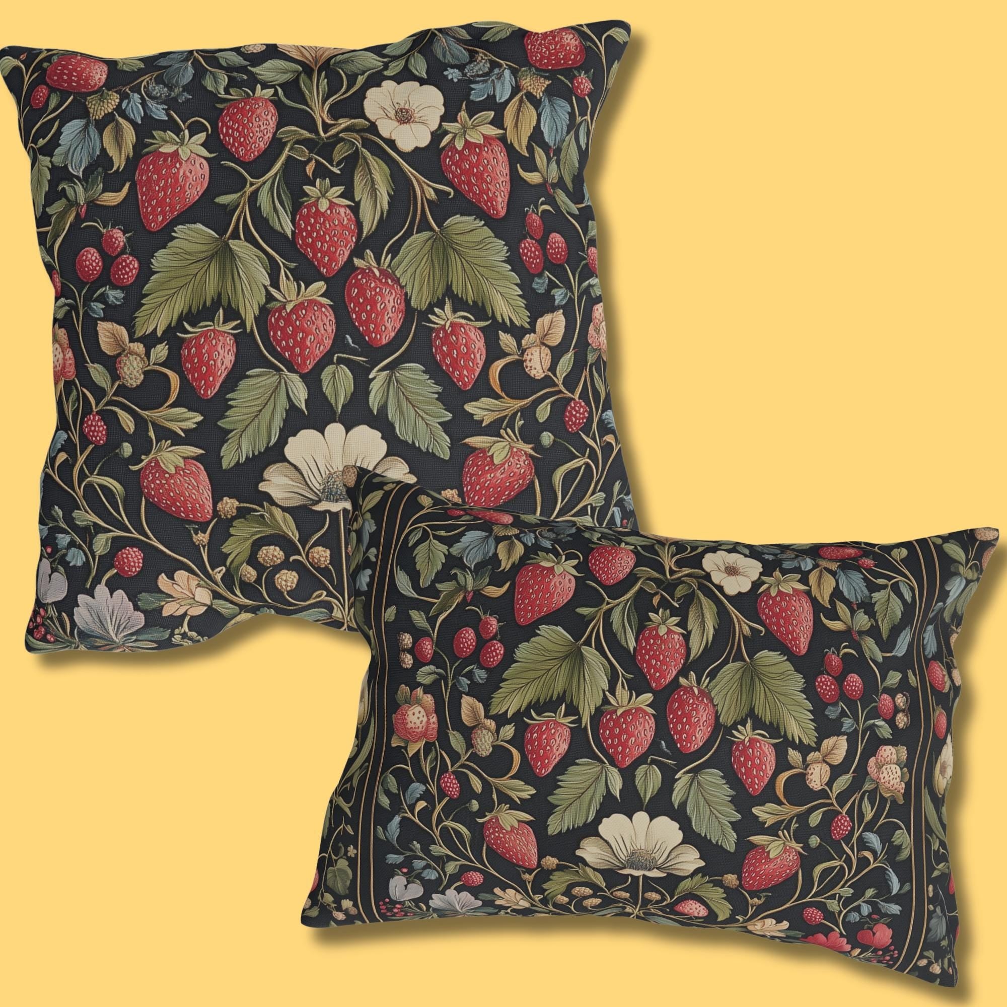 Strawberry Fields Outdoor Pillow: William Morris Inspired Vintage Botanical Garden Fruit Design Decor