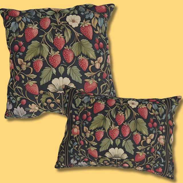 Strawberry Fields Outdoor Pillow: William Morris Inspired Vintage Botanical Garden Fruit Design Decor