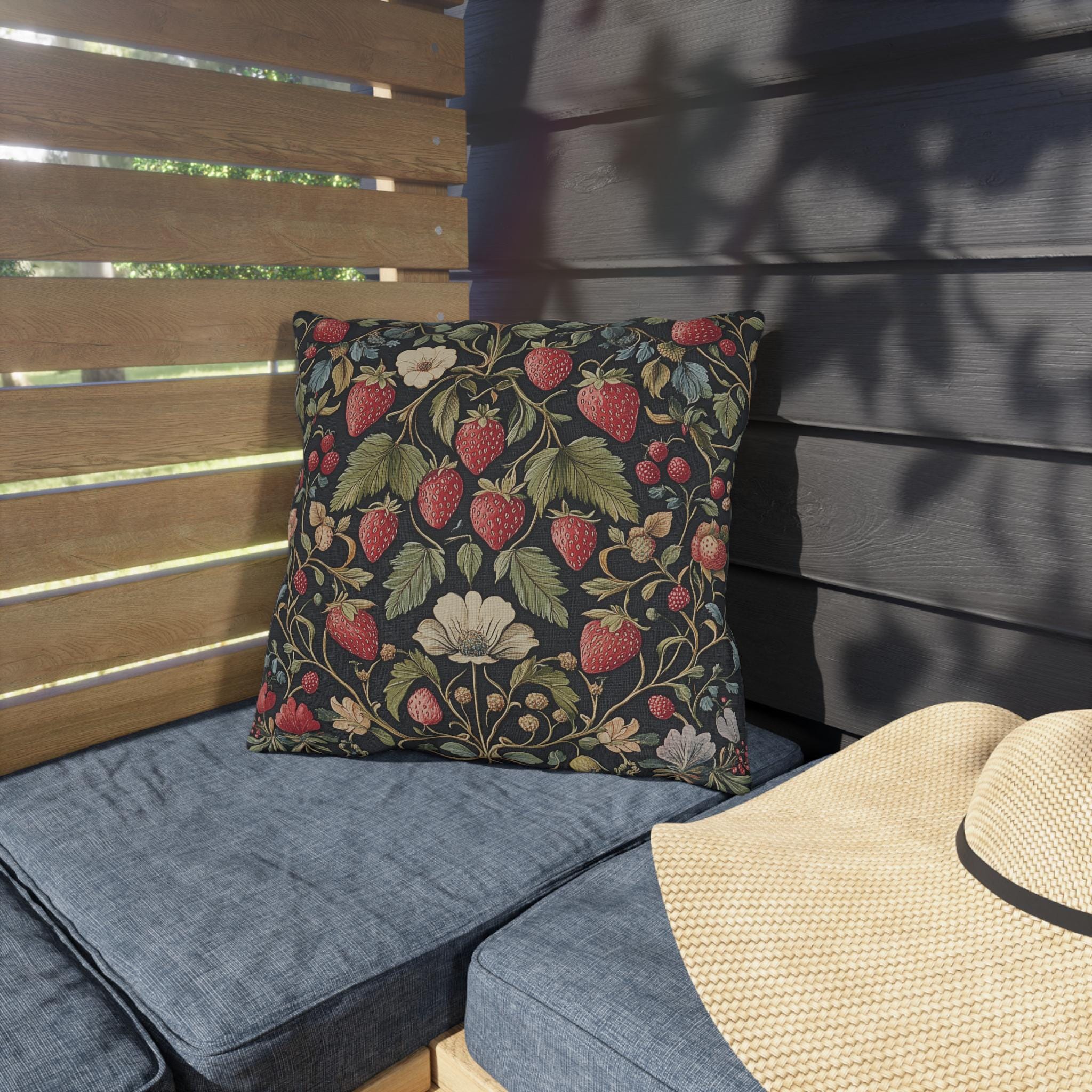 Strawberry Fields Outdoor Pillow: William Morris Inspired Vintage Botanical Garden Fruit Design Decor