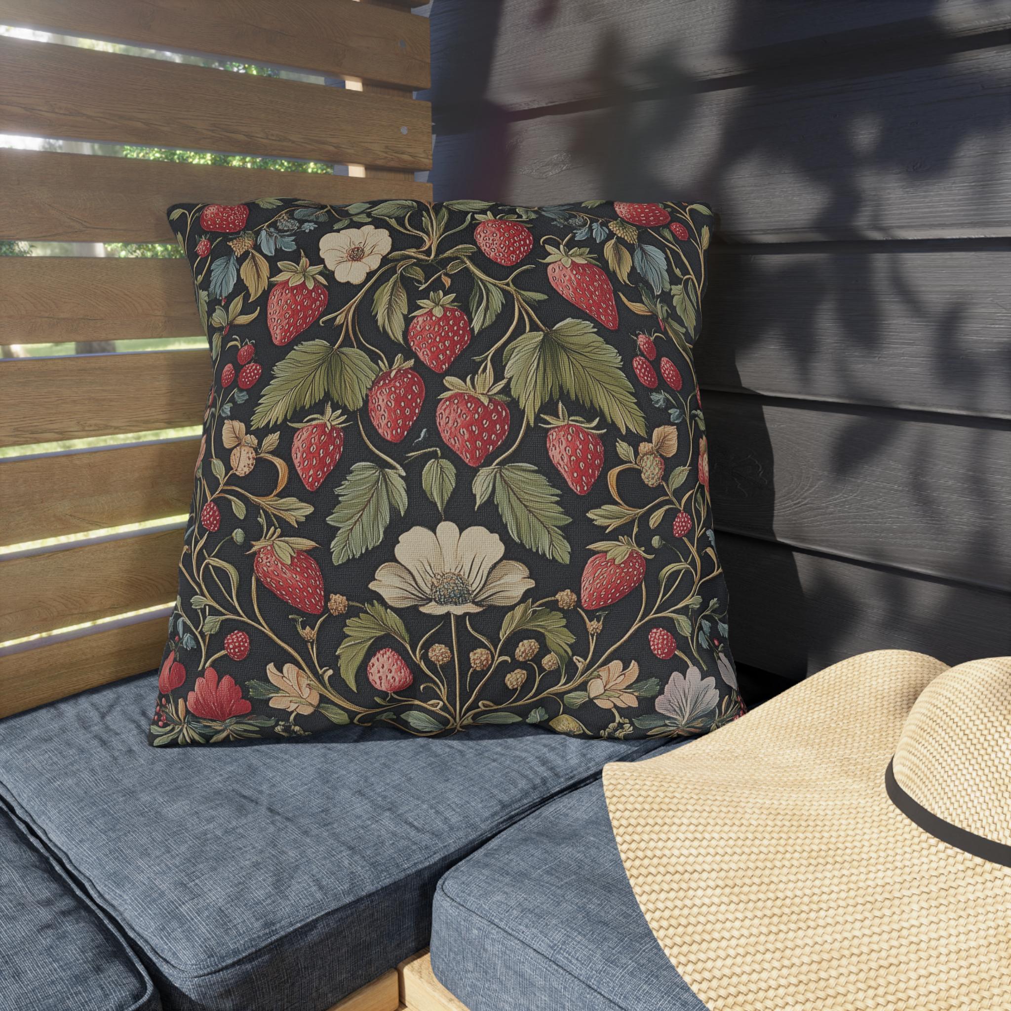 Strawberry Fields Outdoor Pillow: William Morris Inspired Vintage Botanical Garden Fruit Design Decor