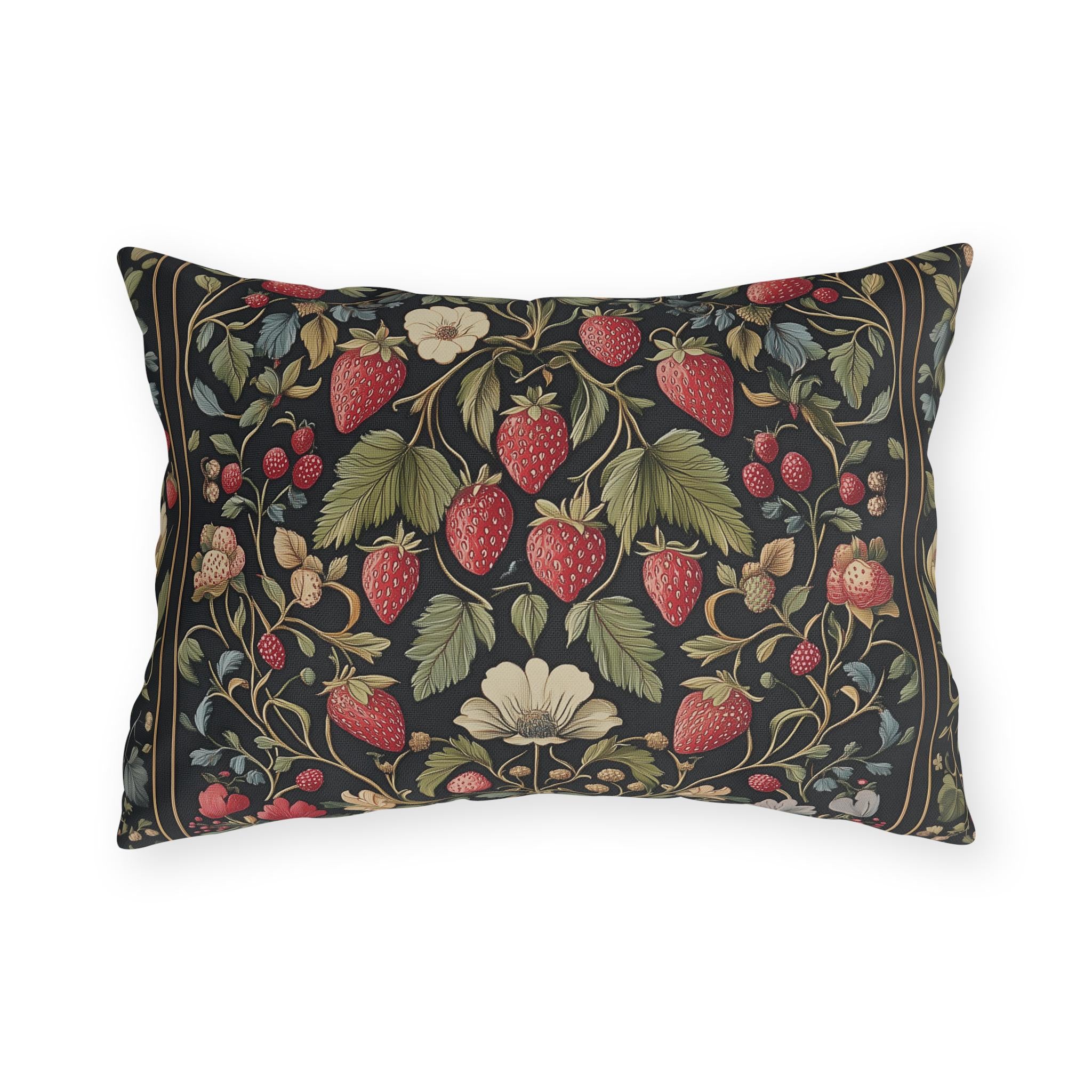 Strawberry Fields Outdoor Pillow: William Morris Inspired Vintage Botanical Garden Fruit Design Decor