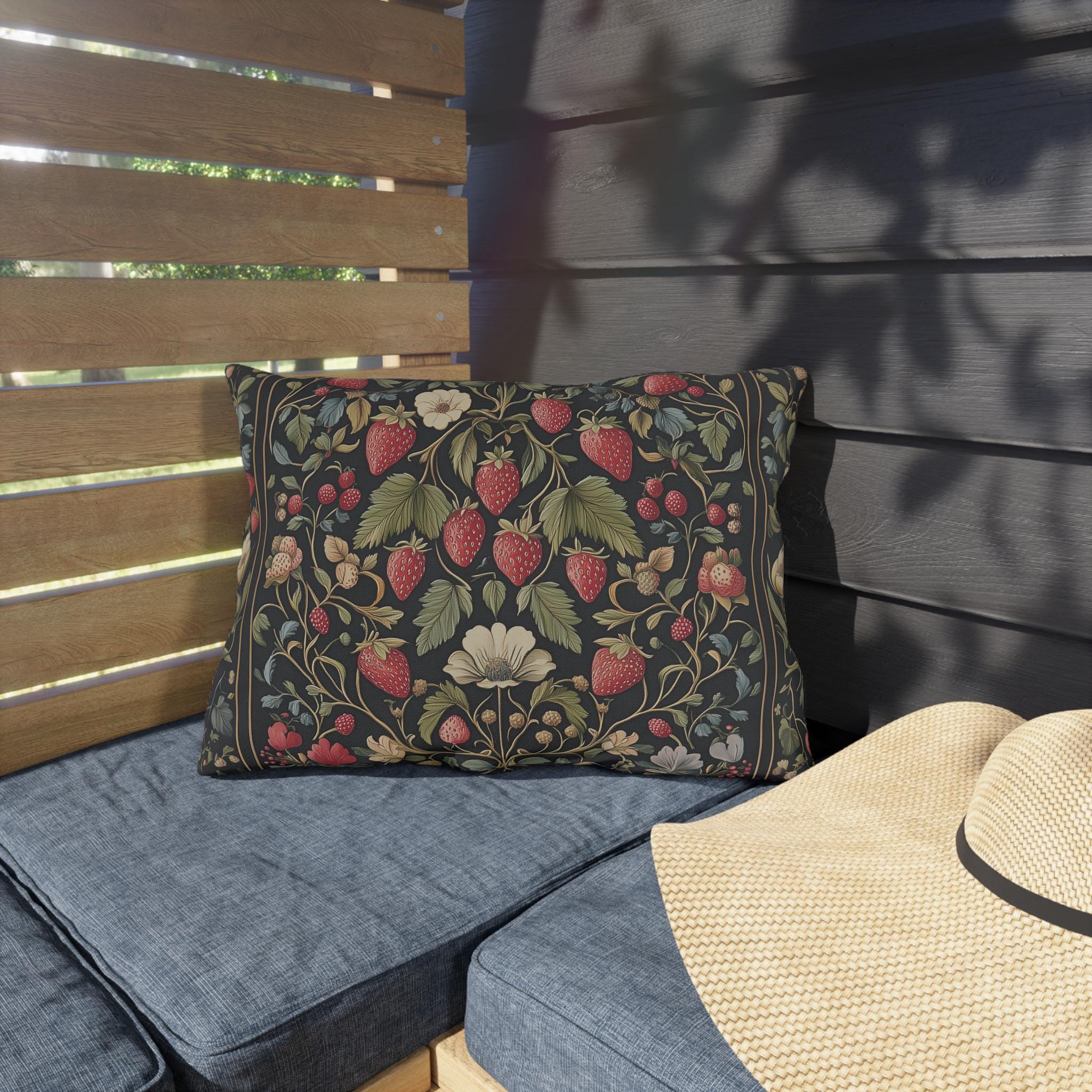 Strawberry Fields Outdoor Pillow: William Morris Inspired Vintage Botanical Garden Fruit Design Decor